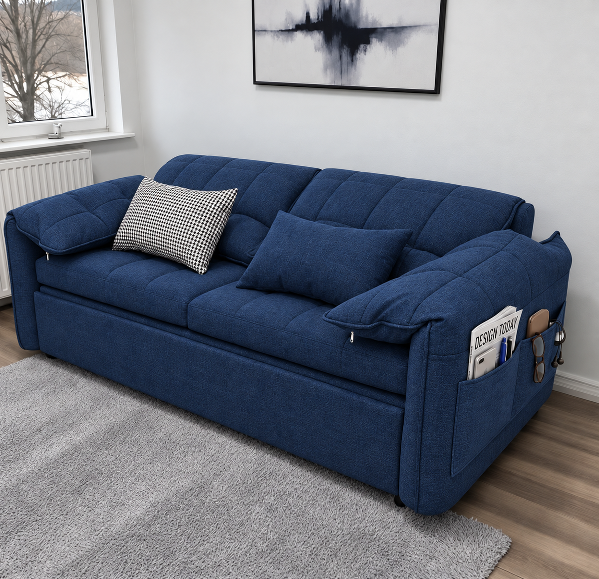 UNICORN FURNITURE Convertible Sofa Bed | Super King Pull Out Sofa Bed with Storage UK (Blue)