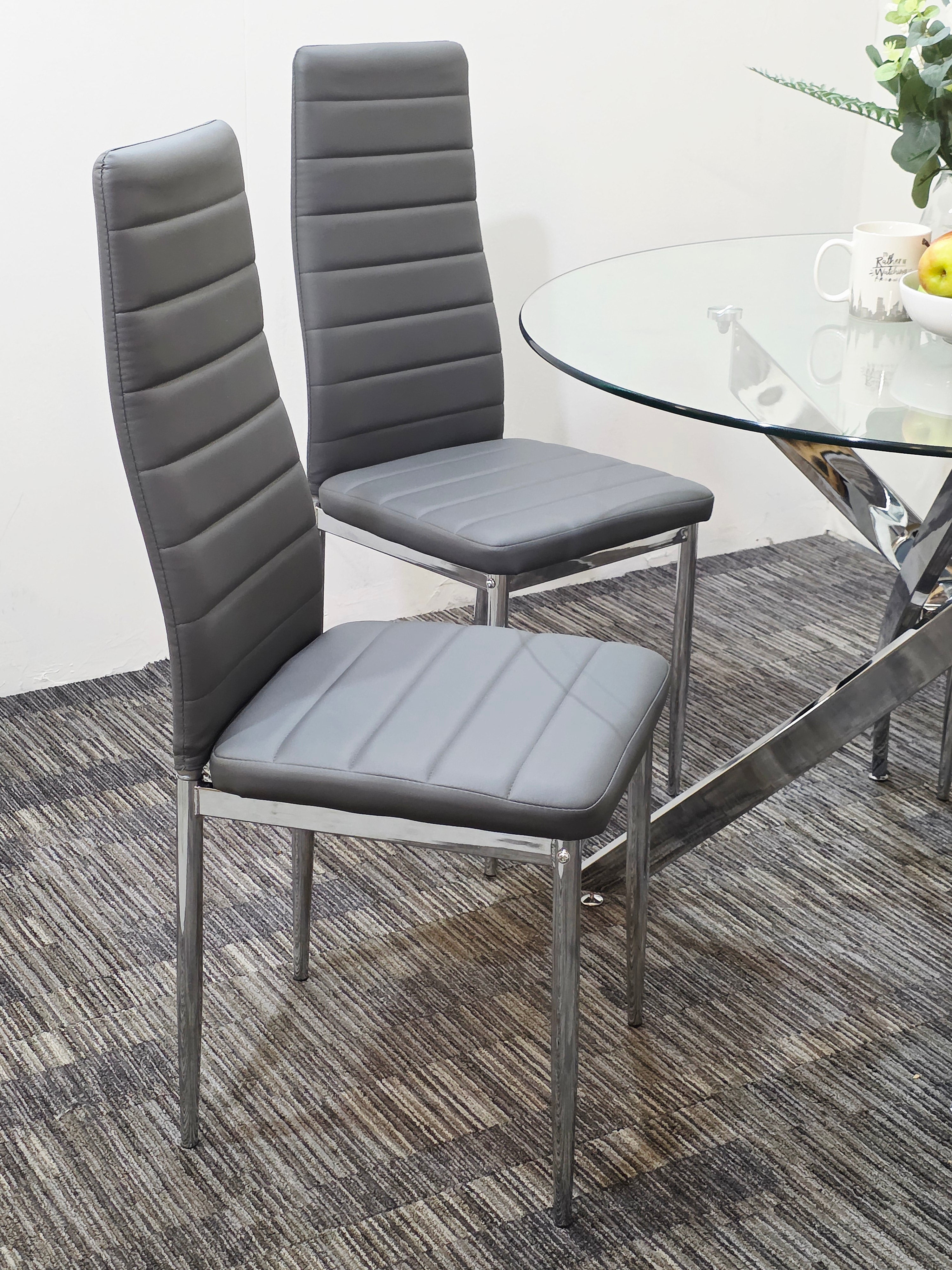 UNICORN FURNITURE 100cm Round Glass Dining Table Set with 4 Faux Leather Chairs – Modern Chrome Nest Design, Tempered Glass Top, for Restaurant Furniture Set - Kitchen & Dining Room (Grey Chairs)