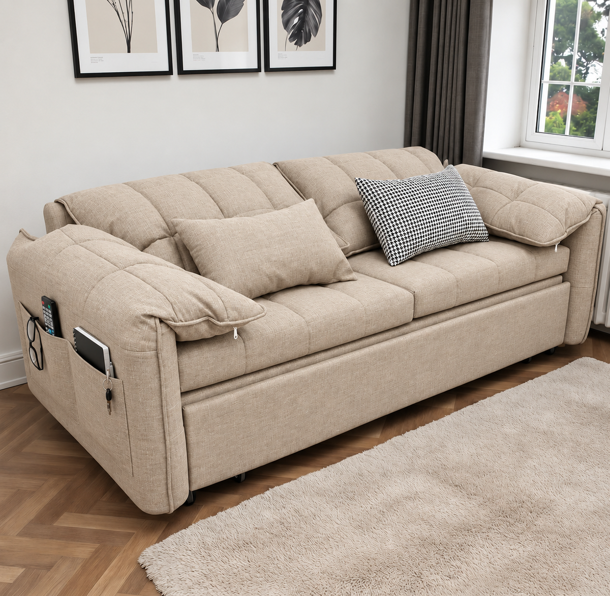 UNICORN FURNITURE Convertible Sofa Bed | Super King Pull Out Sofa Bed with Storage UK (Beige)