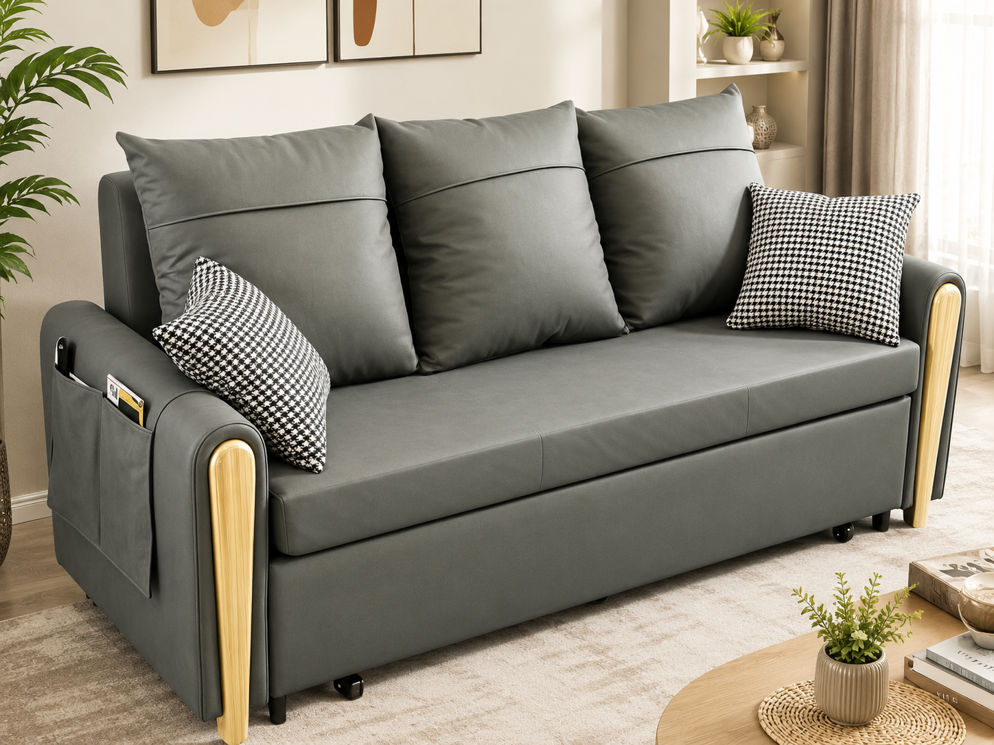 Unicorn Furniture Sofa Bed with Storage – 3 Seater Pull Out Convertible Sofa Bed, Reclining Sleeper in Breathable Leathaire