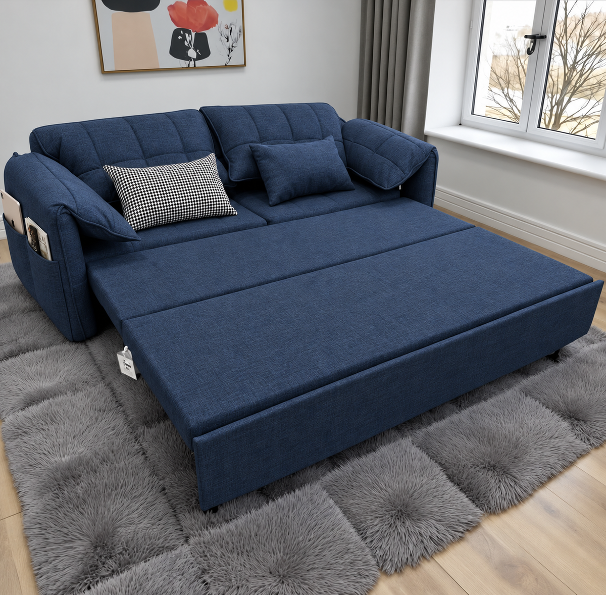UNICORN FURNITURE Convertible Sofa Bed | Super King Pull Out Sofa Bed with Storage UK (Blue)