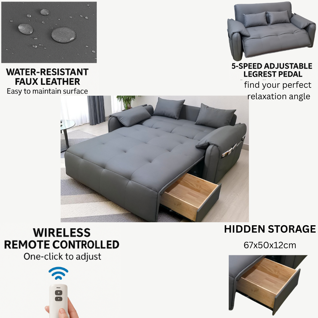 UNICORN FURNITURE Elephant Style Pull Out Sofa Bed Remote Control Recliner Motorised 3-Seater Pull Out Sofa Bed with Storage in Faux Leather with 5-Speed Adjustable Legrest, Ergonomic Support