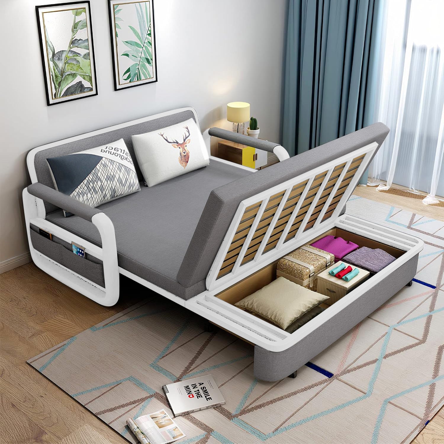 UNICORN FURNITURE Sofa Bed with Storage – Pull Out Sofa Bed with Storage for Small Spaces, Sleeper Couch with Armrest Pockets, Foldable Reclining Design, Easy Assembly, 158cm Width (Glacier Grey)