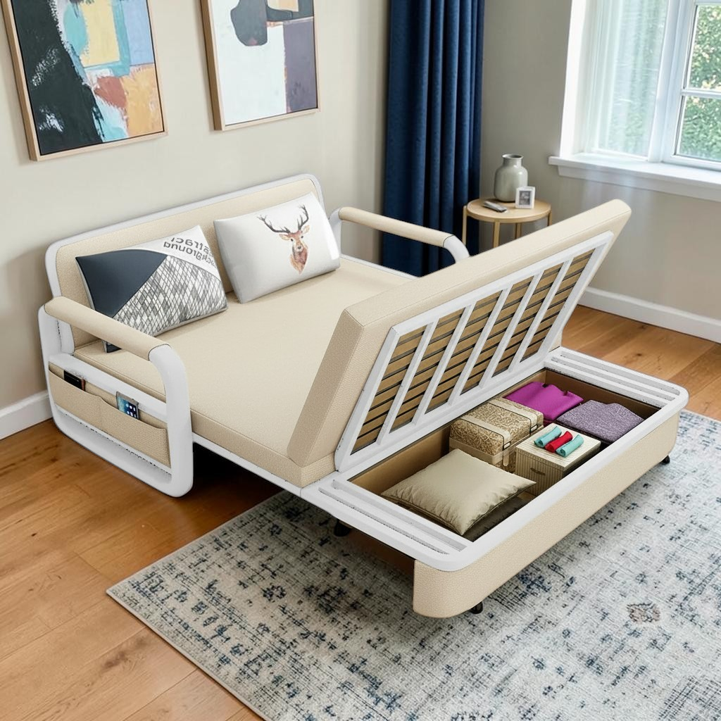 UNICORN FURNITURE Sofa Bed with Storage – Double Sofa Bed Pull Out, Convertible 2 Seater Sofa Bed, Reclining Sleeper Couch, Compact Space Saving Sofabed 158cm (Beige & White Frame)