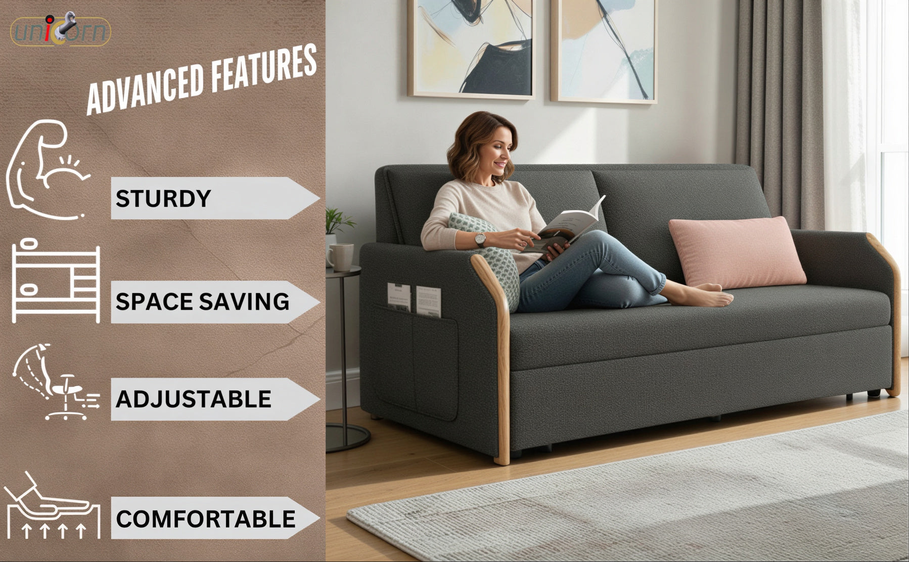 UNICORN FURNITURE Convertible Sofa Bed with Storage, King Size Pull Out Sofa Bed, 3 Seater Sofa Bed in Removable Cotton Fabric, Tool-Free Assembly Sofa Bed with Hidden Storage 170cm (Glacier Grey)