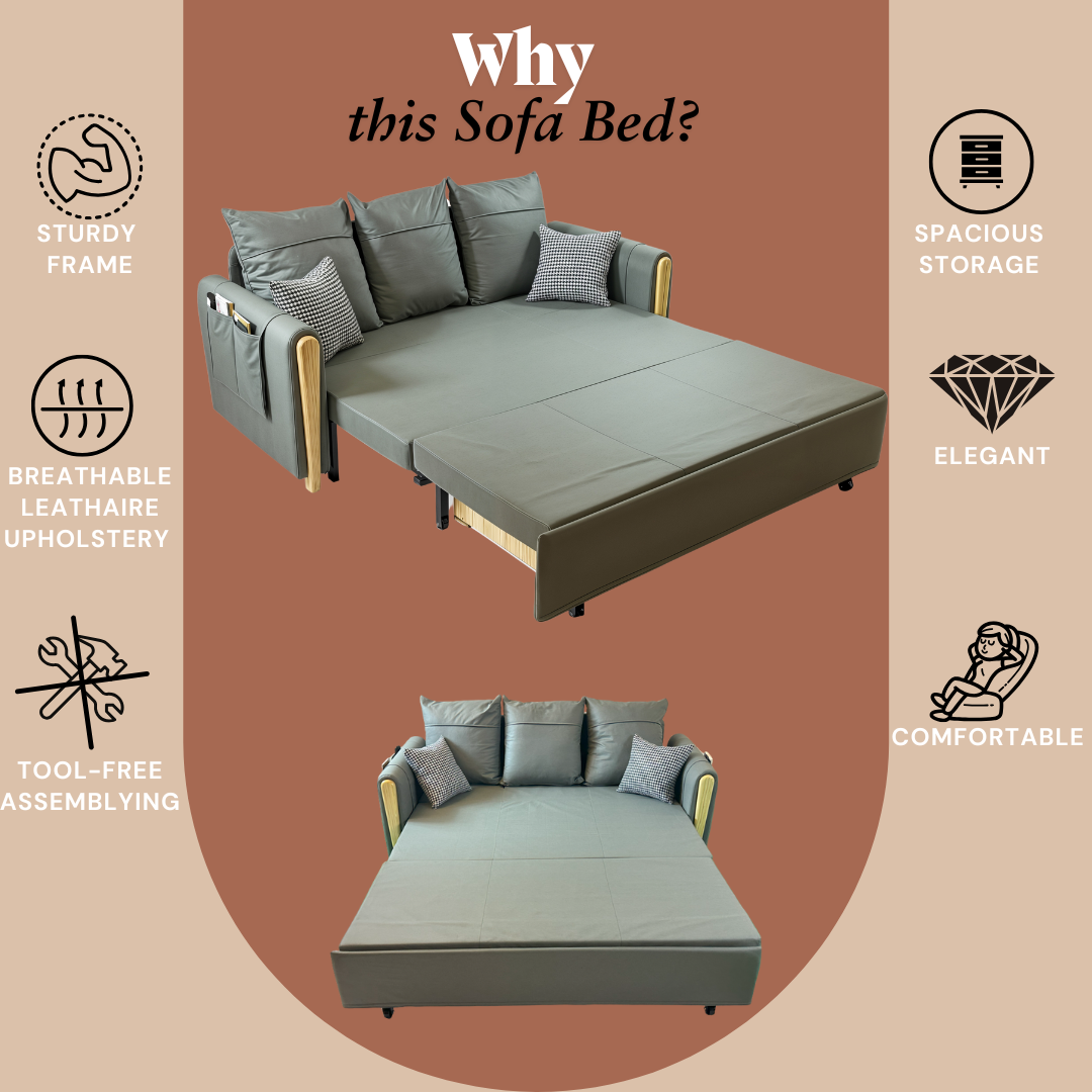 UNICORN FURNITURE Sofa Bed Modern Reclining Foldable Bed Pull Out Sofa Bed with Storage Multifunctional Convertible Space Saving Sofabed in Breathable Leathaire Fabric