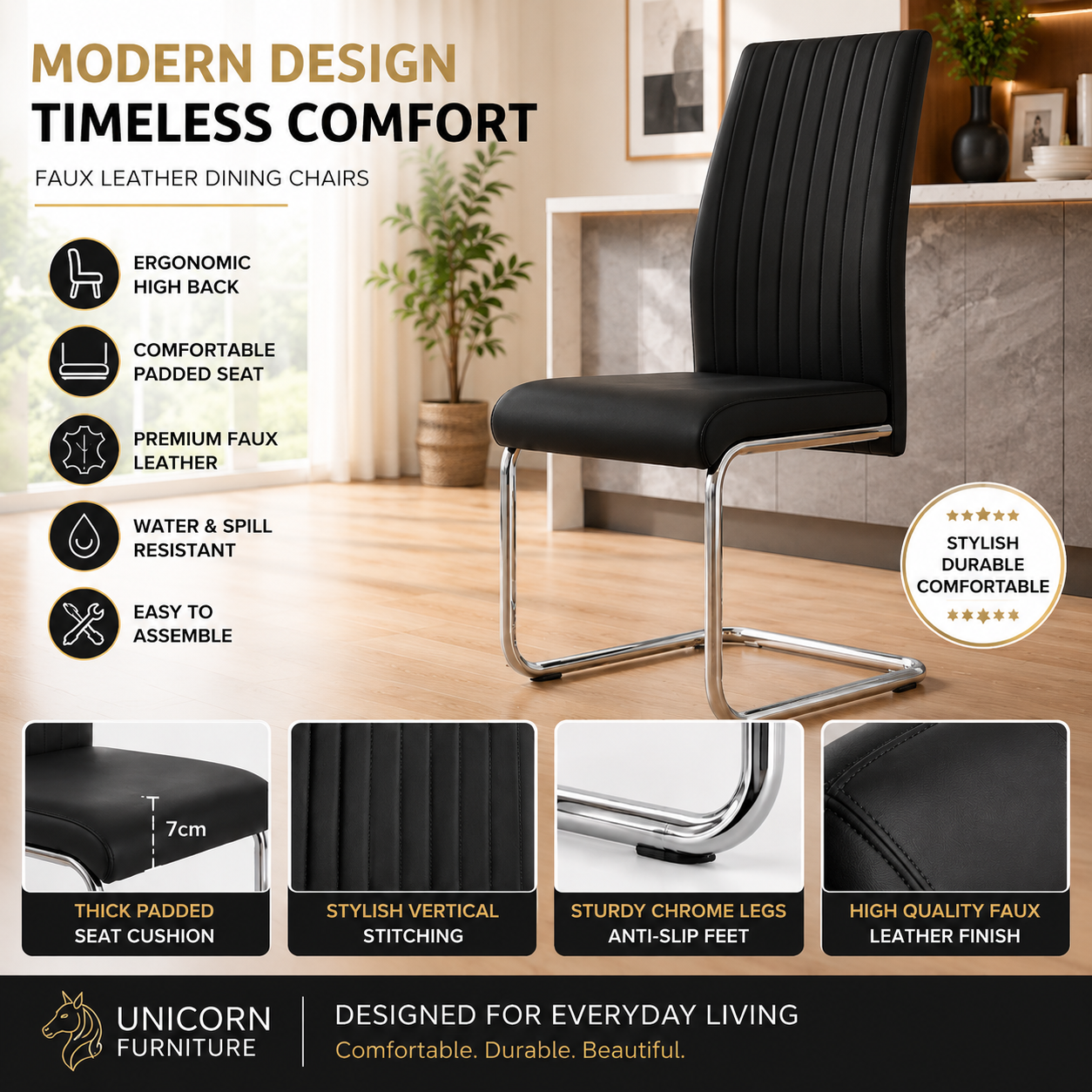 UNICORN FURNITURE 100cm Round Glass Dining Table Set with 4 Faux Leather Chairs – Chrome 4 Seater Dining Set
