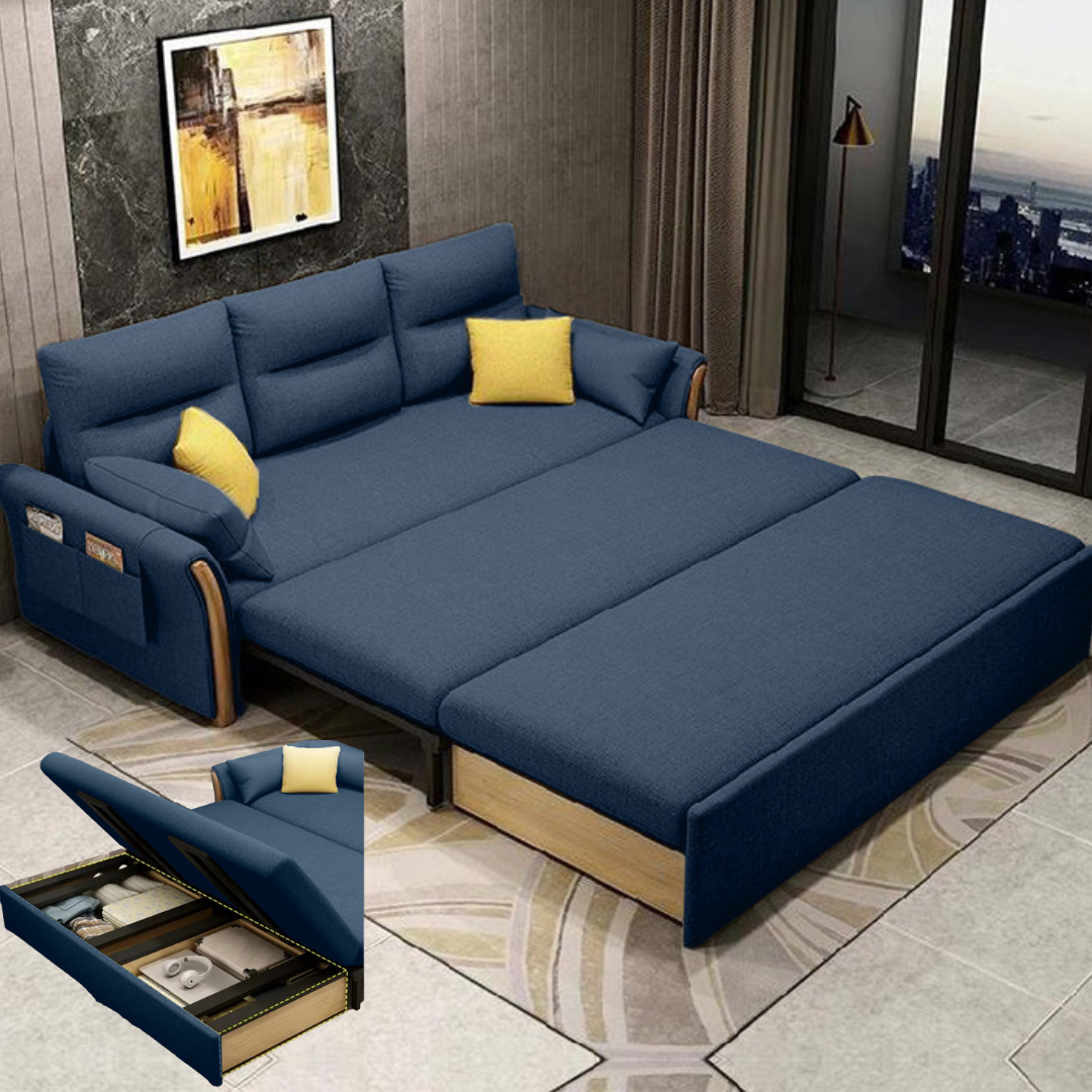 Unicorn Furniture Convertible Sofa Bed King Size Pull Out Sofabed with Storage in Cotton Fabric, Tool-Free Assembly, Modern Reclining Sleeper Couch for Living Room, Guest Room & Small Spaces (Blue)