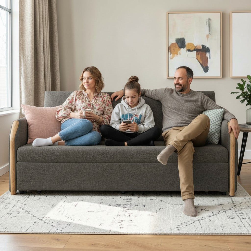 UNICORN FURNITURE Convertible Sofa Bed with Storage, King Size Pull Out Sofa Bed, 3 Seater Sofa Bed in Removable Cotton Fabric, Tool-Free Assembly Sofa Bed with Hidden Storage 170cm (Dark Grey)