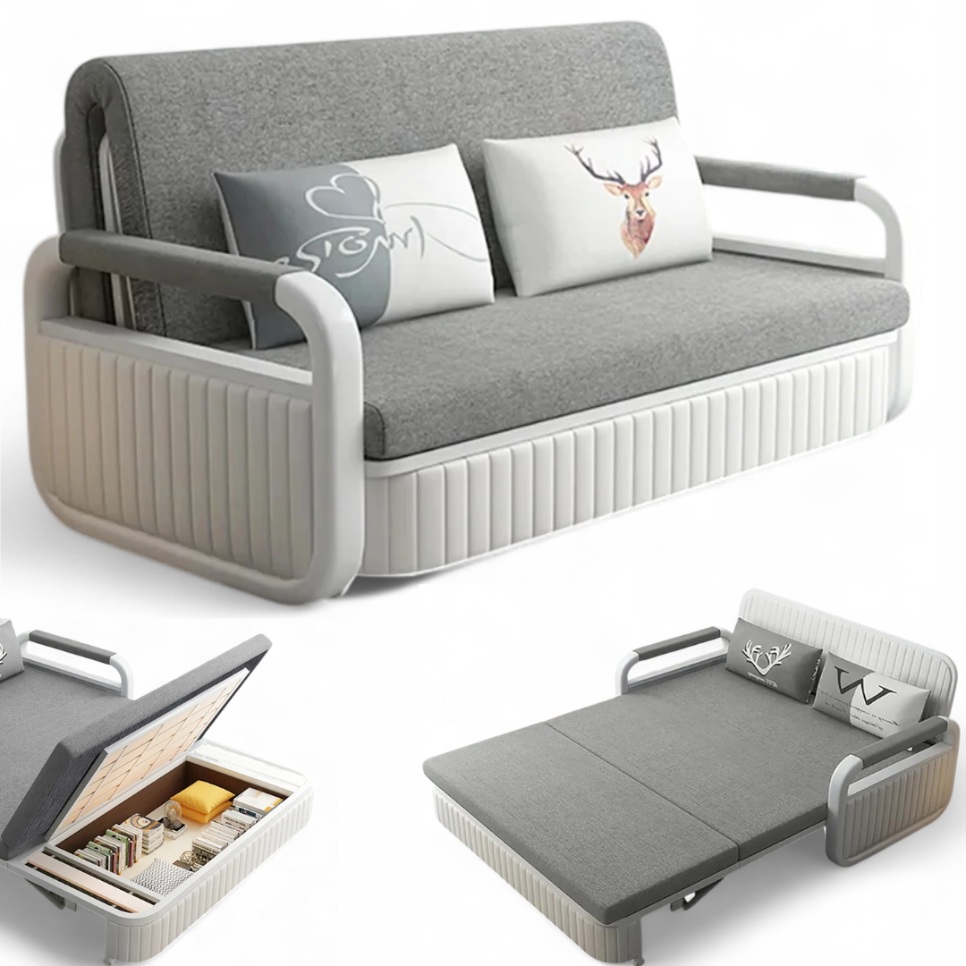 Unicorn Furniture Sofa Bed Modern Foldable Reclining Sleeper Bed Pull Out SofaBed with Storage Upholstered in Grey Cotton Linen & White Leather