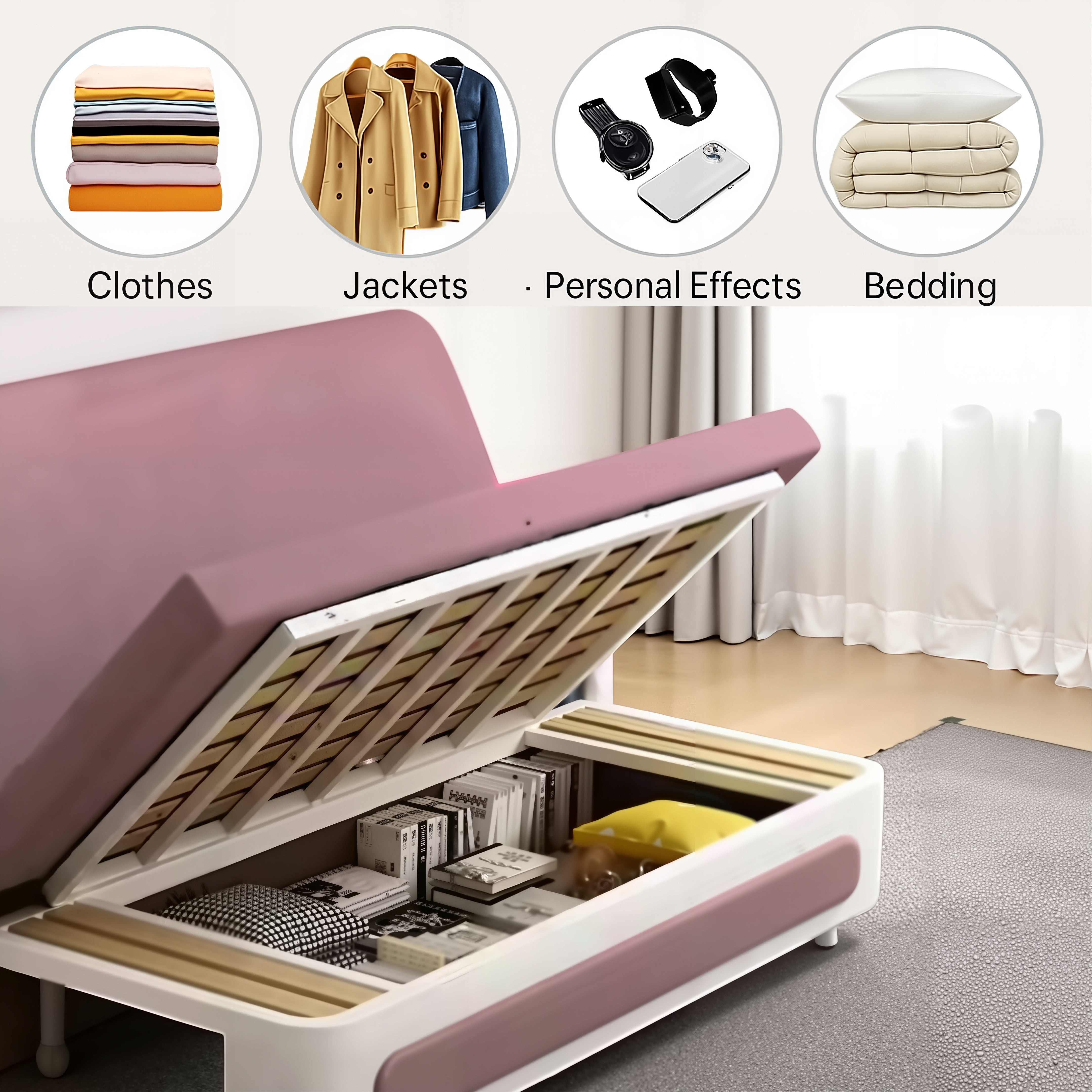 UNICORN FURNITURE Convertible Sleeper Sofa Bed Modern Reclining Foldable Bed Pull Out Sofa Bed With Storage Space Saving Multifunctional Sofabed (Pink & White)