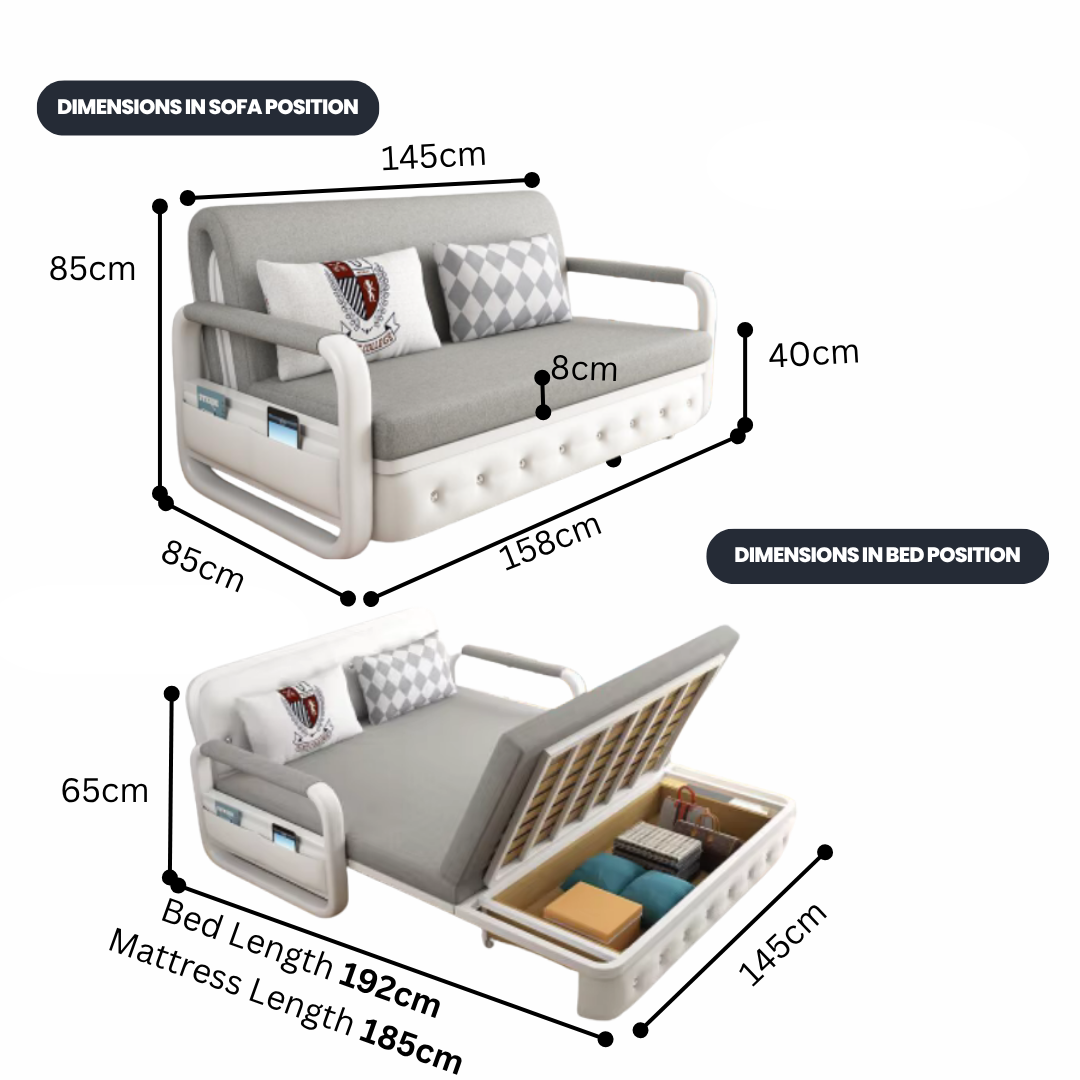 Unicorn Furniture Sofa Bed - Modern Foldable Bed Pull Out Sofa Bed with Storage Sofabed (grey fabric on white leather)