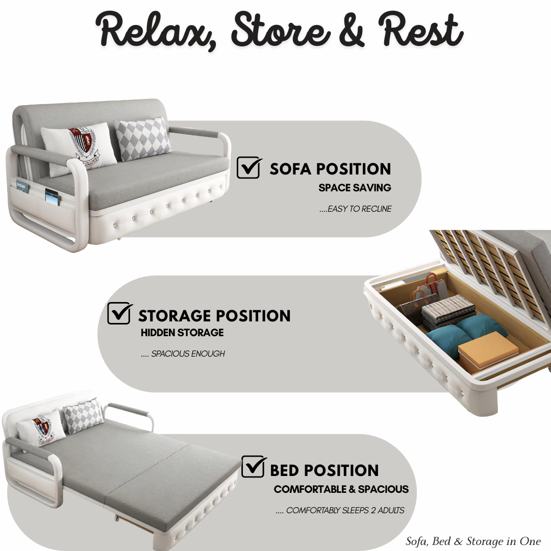 Unicorn Furniture Sofa Bed - Modern Foldable Bed Pull Out Sofa Bed with Storage Sofabed (grey fabric on white leather)