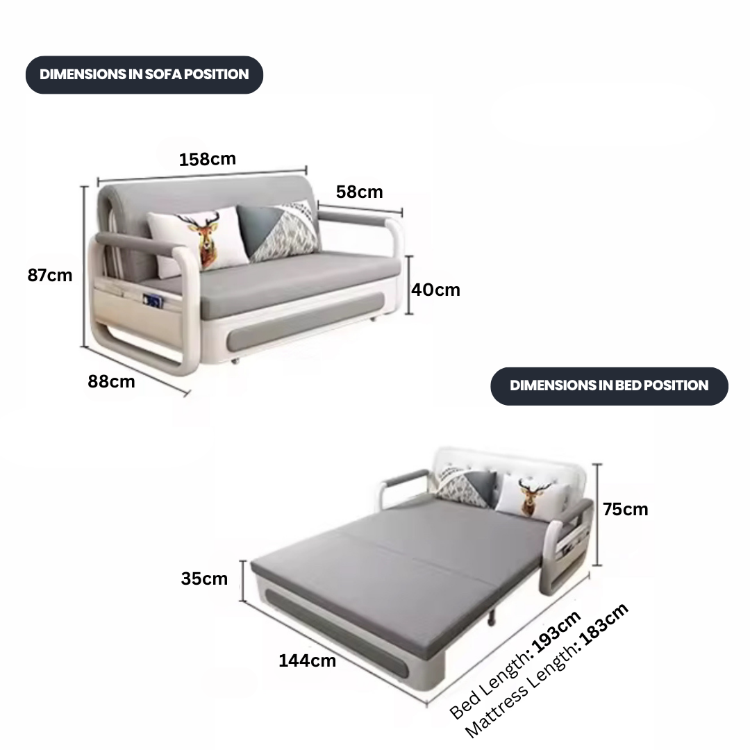 UNICORN FURNITURE Double Pull-Out Sofa Bed with Storage (158cm) – Grey Fabric + White Faux Leather | Convertible Sleeper Sofa Bed for Small Spaces