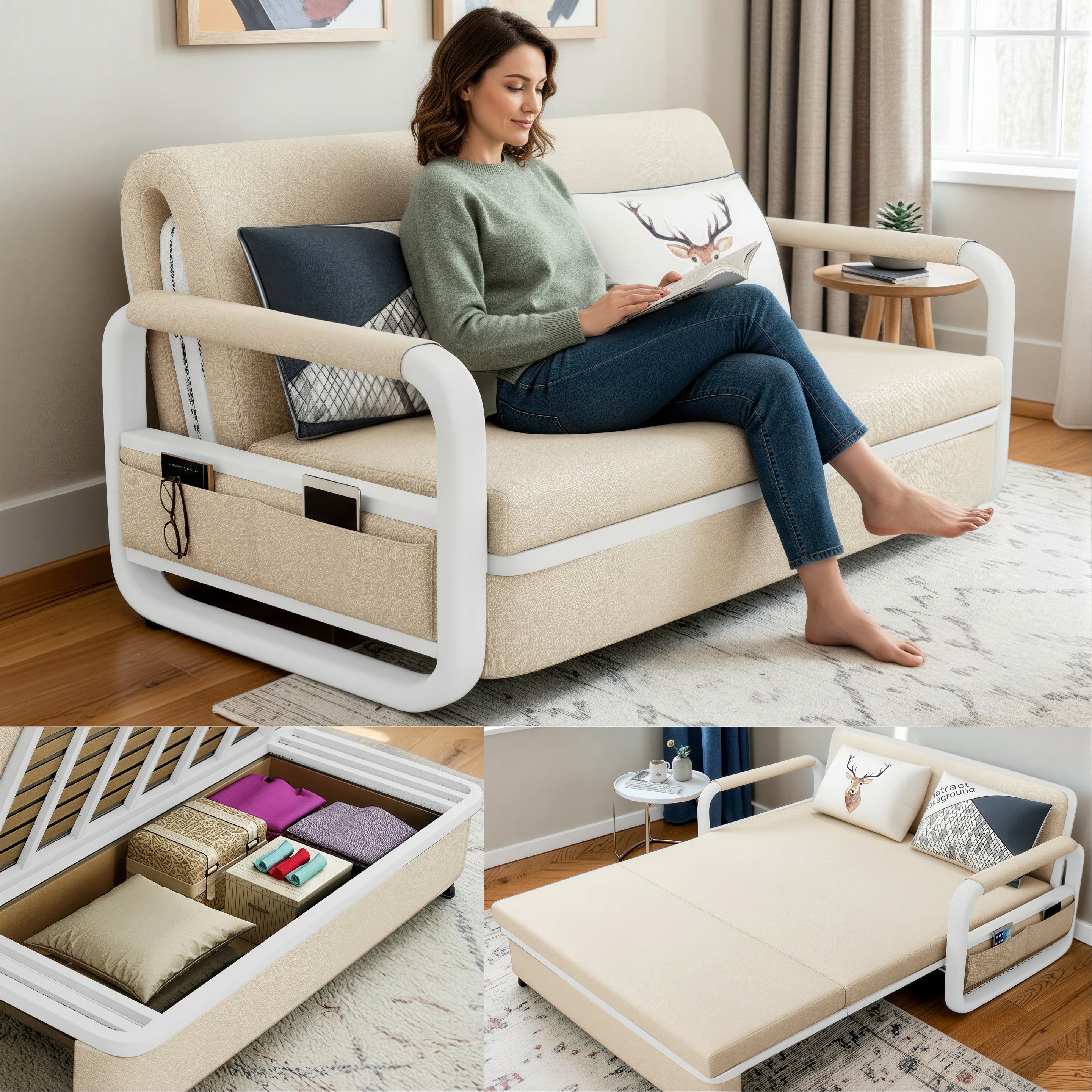 UNICORN FURNITURE Sofa Bed with Storage – Double Sofa Bed Pull Out, Convertible 2 Seater Sofa Bed, Reclining Sleeper Couch, Compact Space Saving Sofabed 158cm (Beige & White Frame)