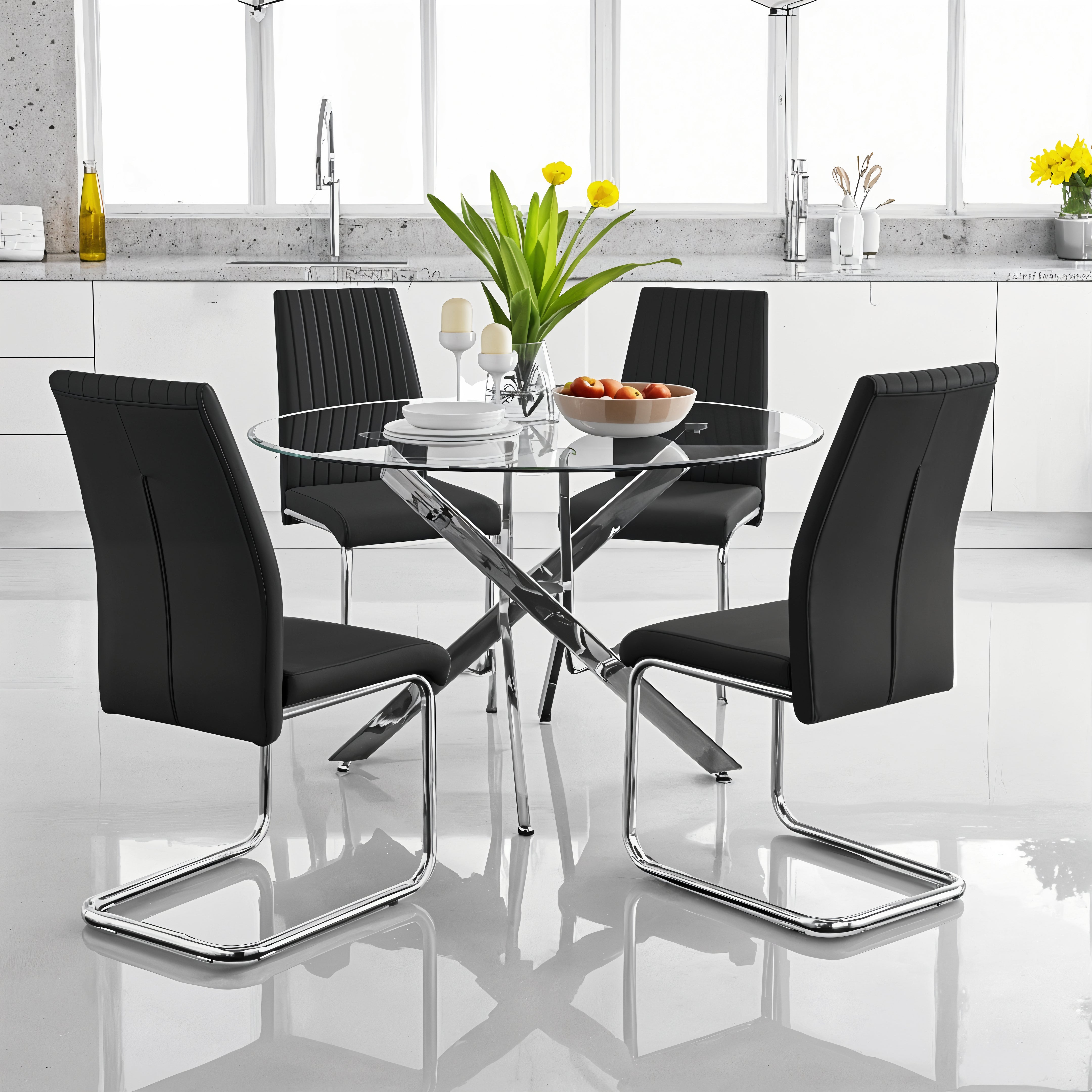 UNICORN FURNITURE 100cm Round Glass Dining Table Set with Faux Leath