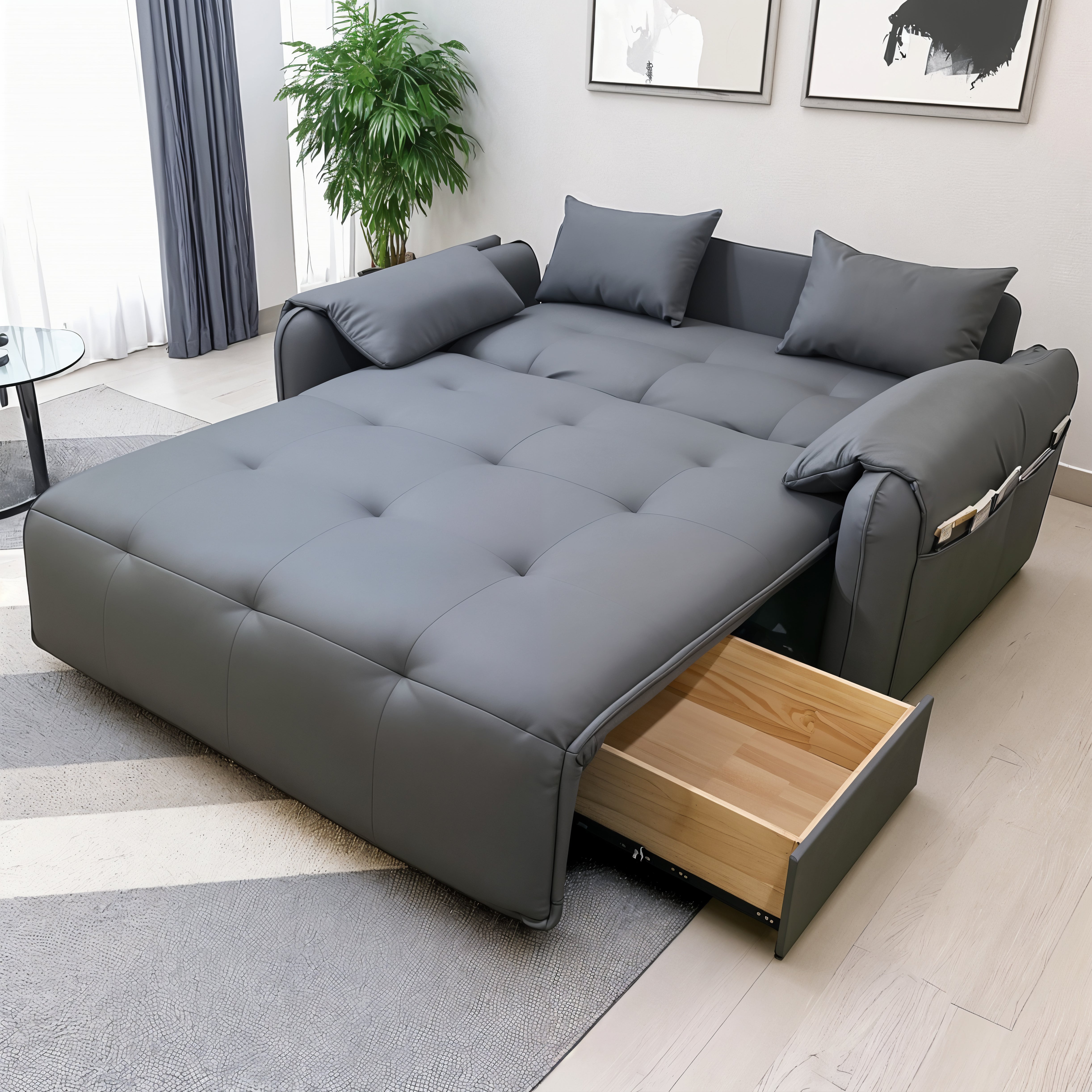 UNICORN FURNITURE Elephant Style Pull Out Sofa Bed Remote Control Recliner Motorised 3-Seater Pull Out Sofa Bed with Storage in Faux Leather with 5-Speed Adjustable Legrest, Ergonomic Support