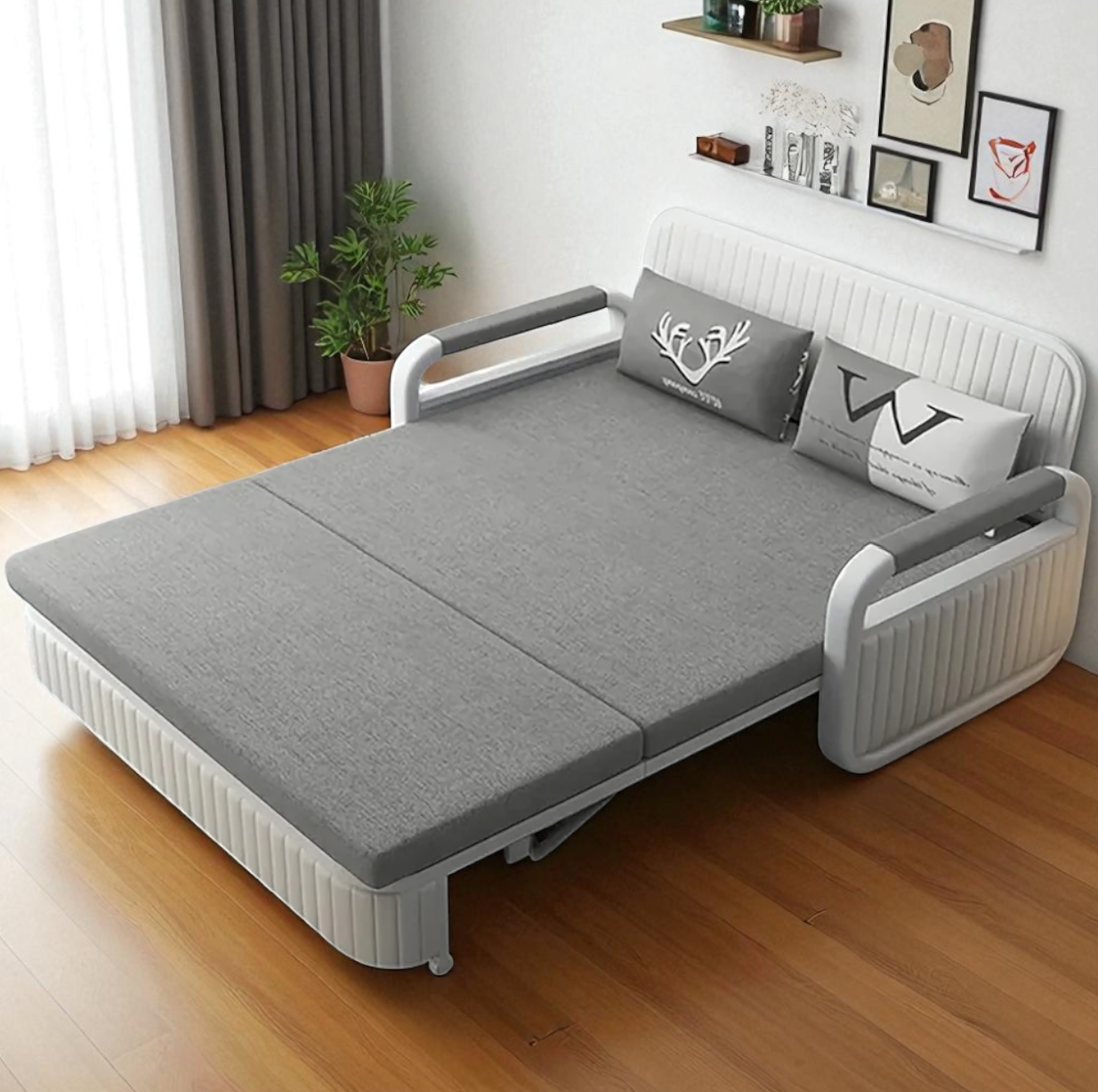 Unicorn Furniture Sofa Bed Modern Foldable Reclining Sleeper Bed Pull Out SofaBed with Storage Upholstered in Grey Cotton Linen & White Leather
