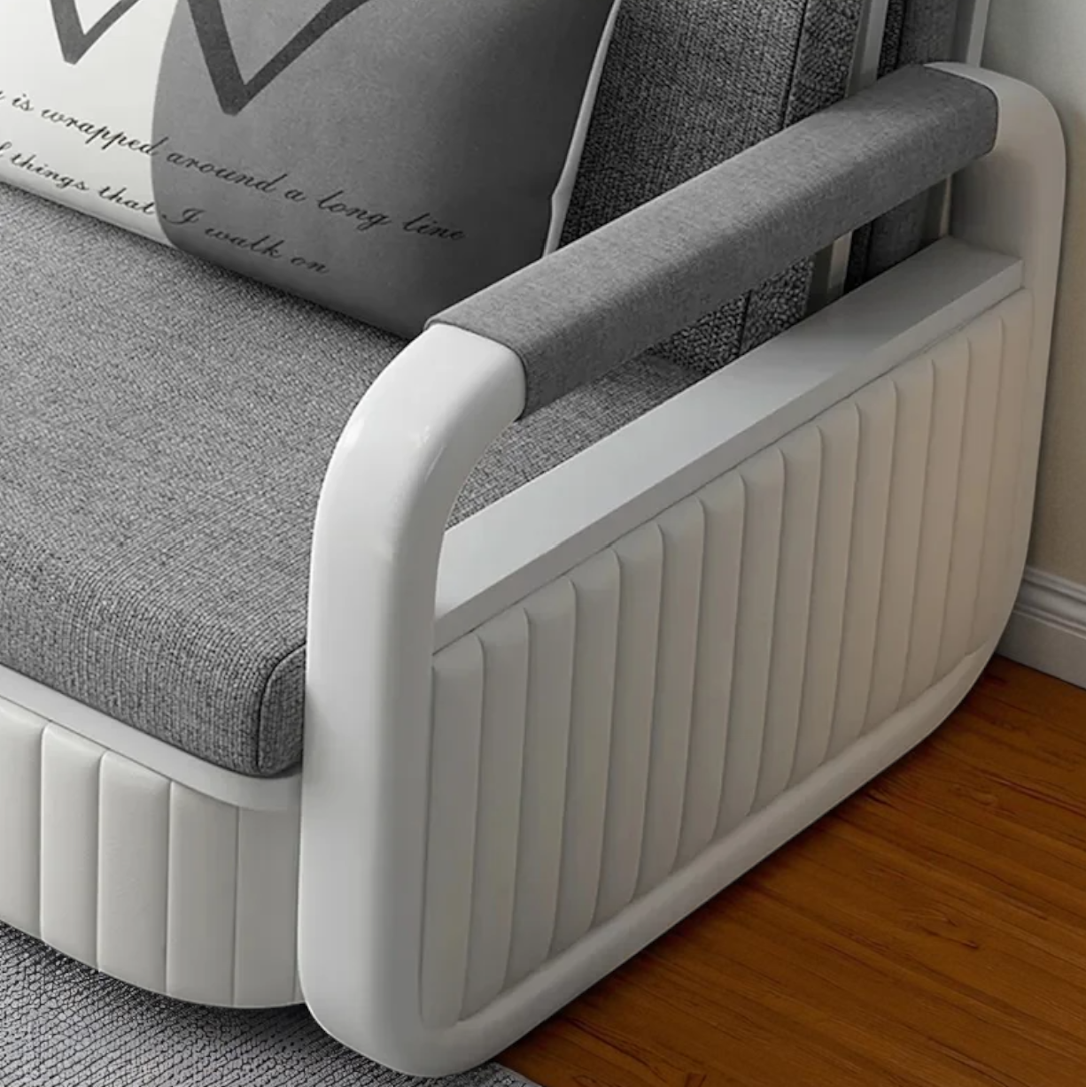 Unicorn Furniture Sofa Bed Modern Foldable Reclining Sleeper Bed Pull Out SofaBed with Storage Upholstered in Grey Cotton Linen & White Leather