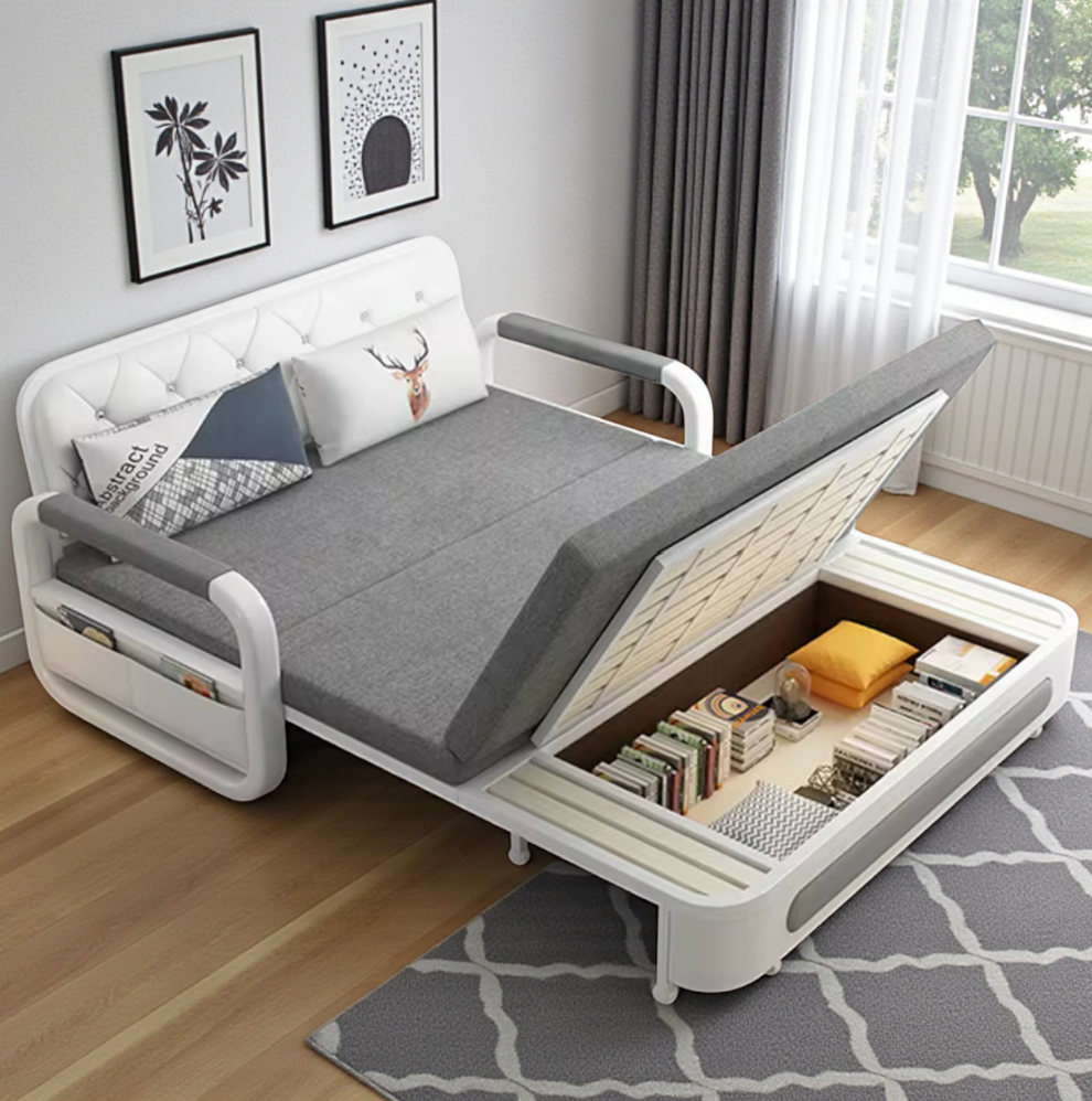 UNICORN FURNITURE Double Pull-Out Sofa Bed with Storage (158cm) – Grey Fabric + White Faux Leather | Convertible Sleeper Sofa Bed for Small Spaces
