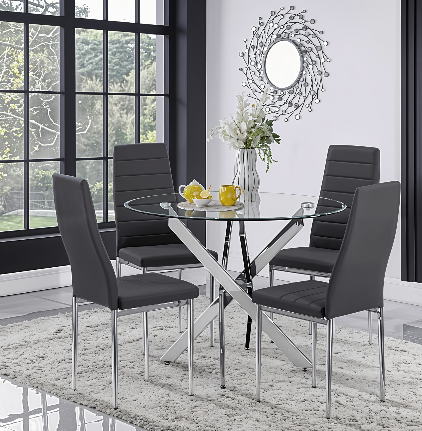 UNICORN FURNITURE 100cm Round Glass Dining Table Set with 4 Faux Leather Chairs – Modern Chrome Nest Design, Tempered Glass Top, for Restaurant Furniture Set - Kitchen & Dining Room (Grey Chairs)
