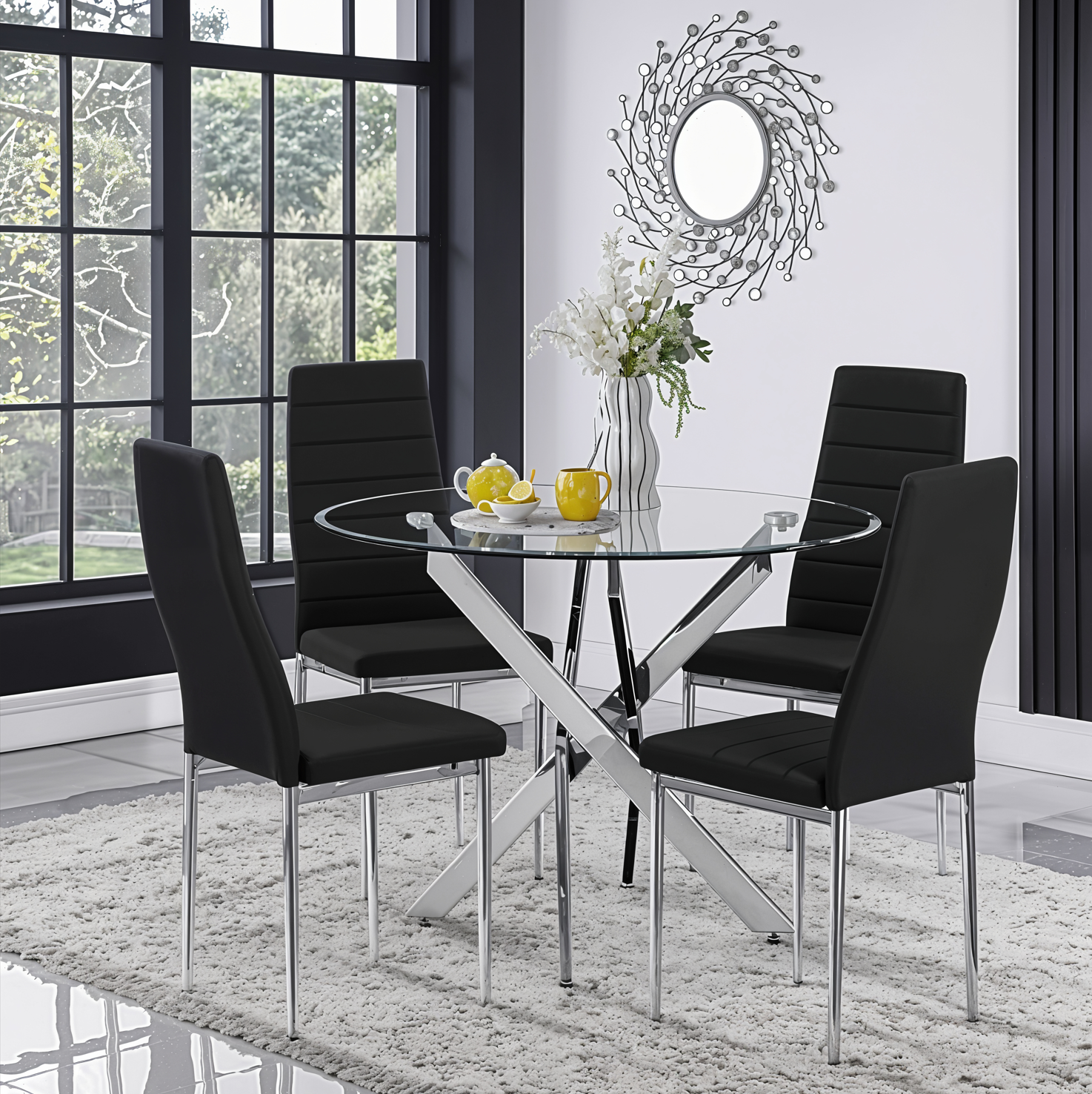 UNICORN FURNITURE 100cm Round Glass Dining Table Set with 4 Faux Leather Chairs – Modern Chrome Nest Design, Tempered Glass Top, for Restaurant Furniture Set - Kitchen & Dining Room