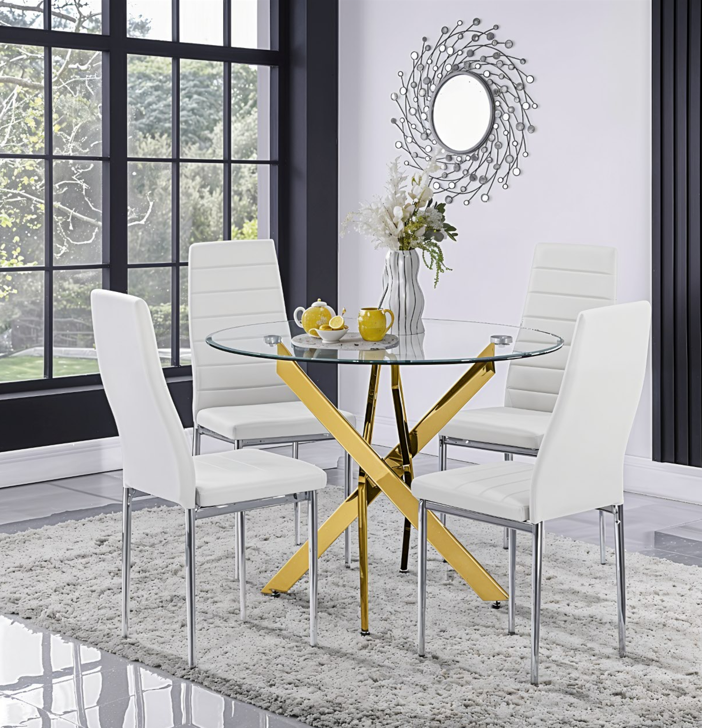 UNICORN FURNITURE Arezzo 100cm Round Glass Dining Table Set with 4 Faux Leather Chairs Gold Chrome Table Legs & Silver Chair Legs – Modern Kitchen & Dining Room Furniture for Small Spaces