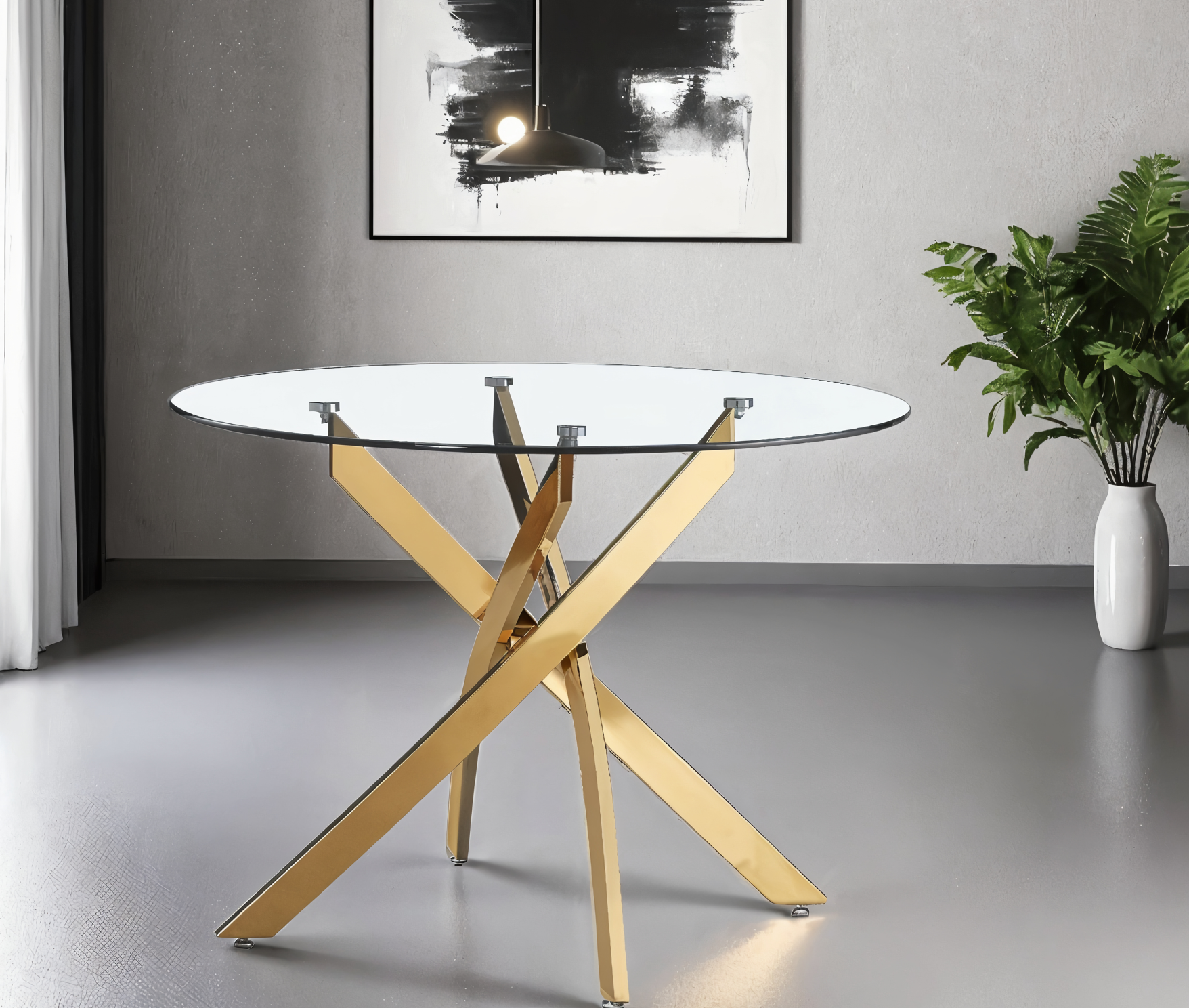 UNICORN FURNITURE Arezzo 100cm Round Glass Dining Table Set with 4 Faux Leather Chairs Gold Chrome Table Legs & Silver Chair Legs – Modern Kitchen & Dining Room Furniture for Small Spaces