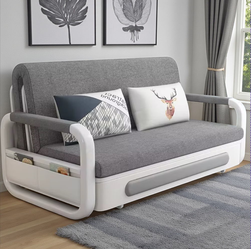 UNICORN FURNITURE Double Pull-Out Sofa Bed with Storage (158cm) – Grey Fabric + White Faux Leather | Convertible Sleeper Sofa Bed for Small Spaces