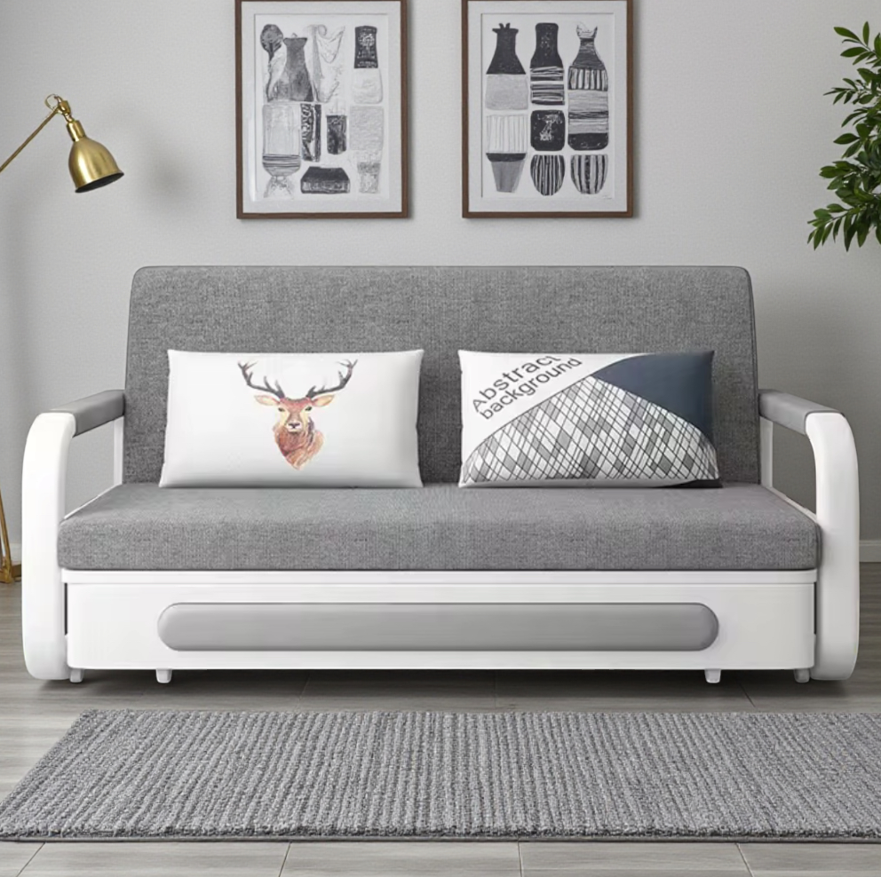 UNICORN FURNITURE Double Pull-Out Sofa Bed with Storage (158cm) – Grey Fabric + White Faux Leather | Convertible Sleeper Sofa Bed for Small Spaces