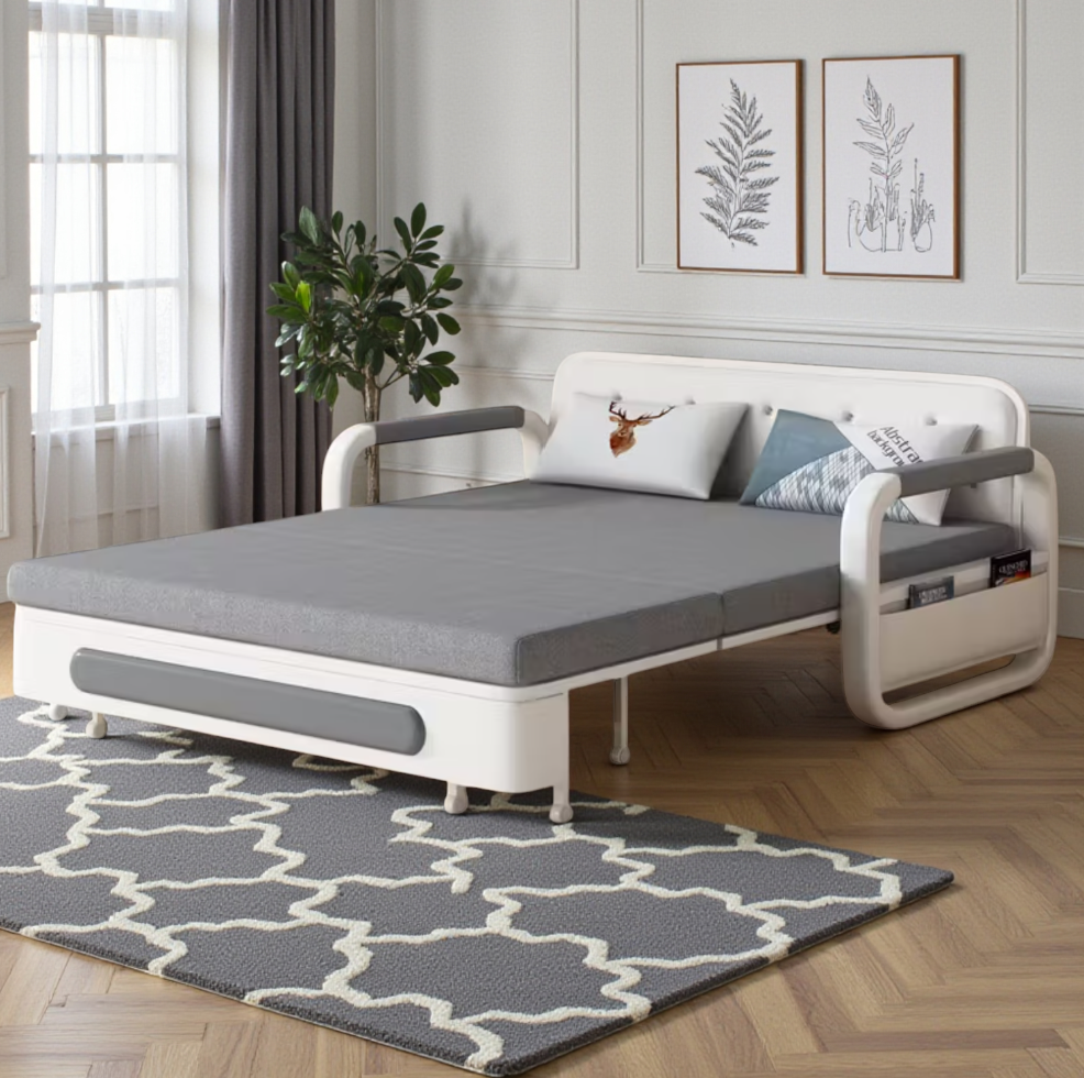 UNICORN FURNITURE Double Pull-Out Sofa Bed with Storage (158cm) – Grey Fabric + White Faux Leather | Convertible Sleeper Sofa Bed for Small Spaces