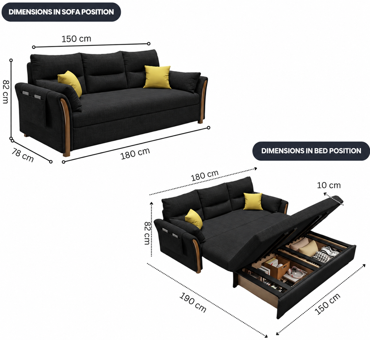 Unicorn Furniture Convertible Sofa Bed – King Size 3 Seater Pull Out Sofa Bed with Storage, Reclining Sleeper Couch, Tool-Free Assembly for Living Room & Guest Room (Black)