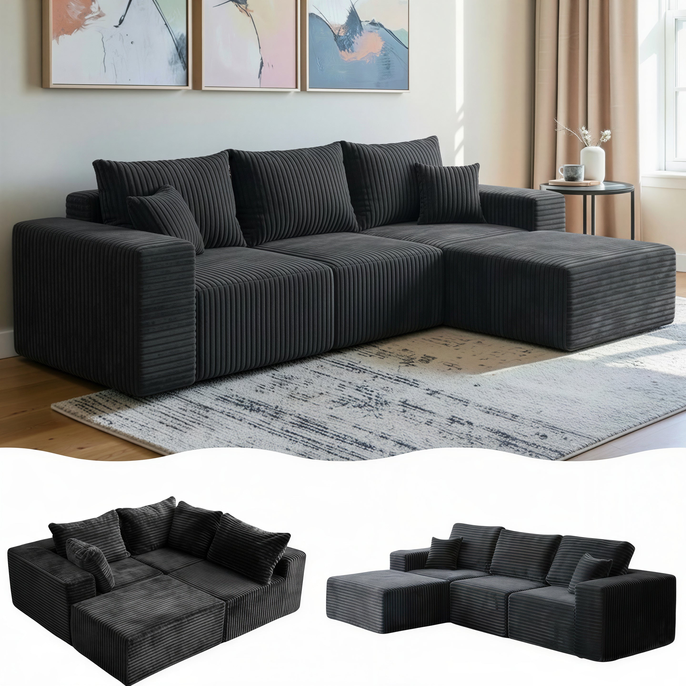 UNICORN FURNITURE Modular Cloud Sofa Bed in a Box – 275cm L-Shaped Boneless Couch, Deep Seat Memory Foam Sectional Sofa, Pet Friendly Corduroy Corner Sofa with Chaise (Dark Grey)