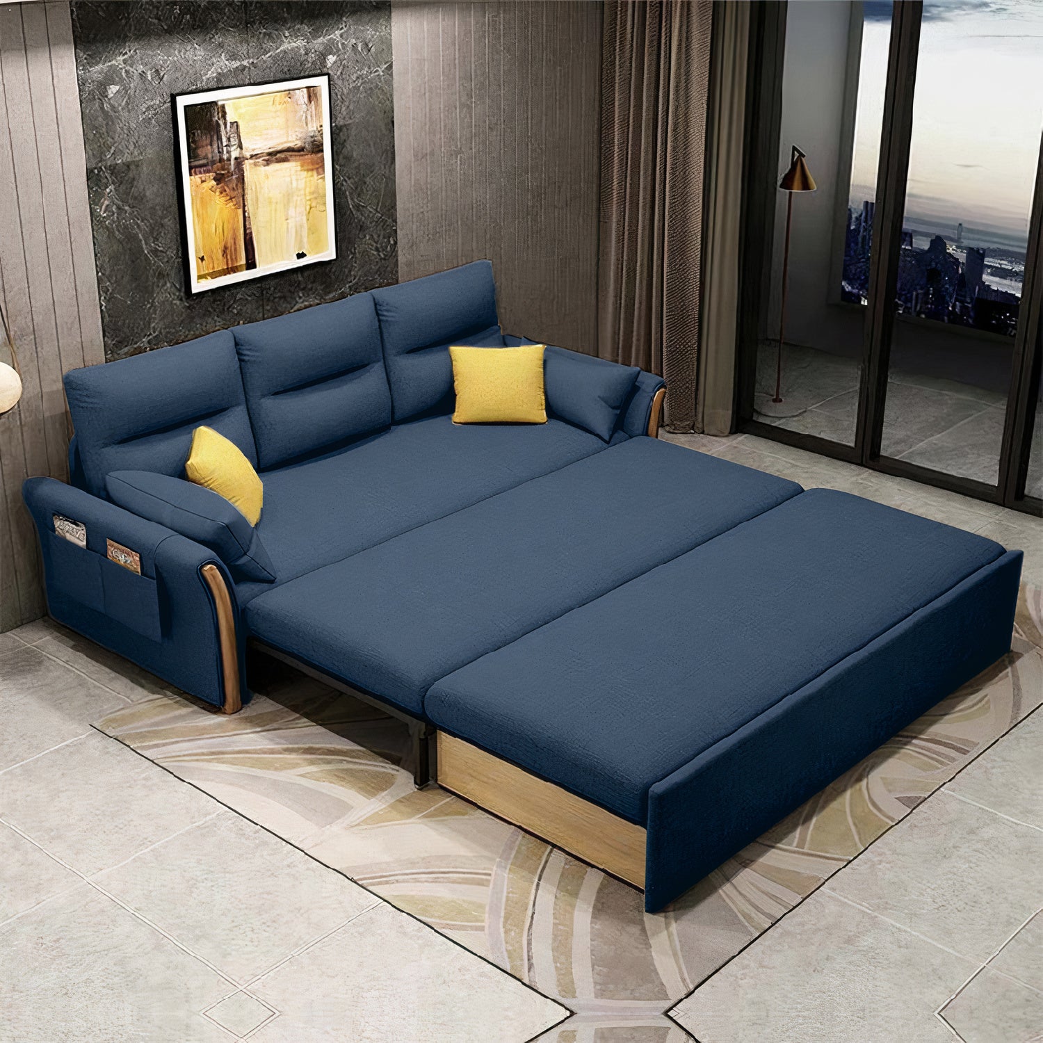 Unicorn Furniture Convertible Sofa Bed King Size Pull Out Sofabed with Storage in Cotton Fabric, Tool-Free Assembly, Modern Reclining Sleeper Couch for Living Room, Guest Room & Small Spaces (Blue)