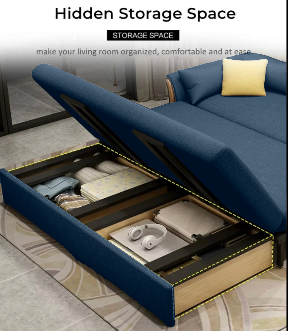 Unicorn Furniture Convertible Sofa Bed King Size Pull Out Sofabed with Storage in Cotton Fabric, Tool-Free Assembly, Modern Reclining Sleeper Couch for Living Room, Guest Room & Small Spaces (Blue)