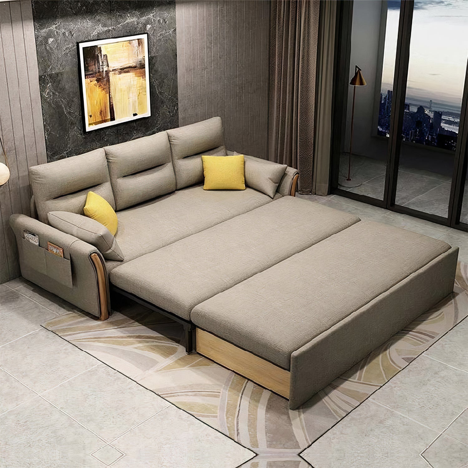 Unicorn Furniture Convertible Sofa Bed King Size Pull Out Sofabed with Storage in Cotton Fabric, Tool-Free Assembly, Modern Reclining Sleeper Couch for Living Room, Guest Room & Small Spaces (Beige)
