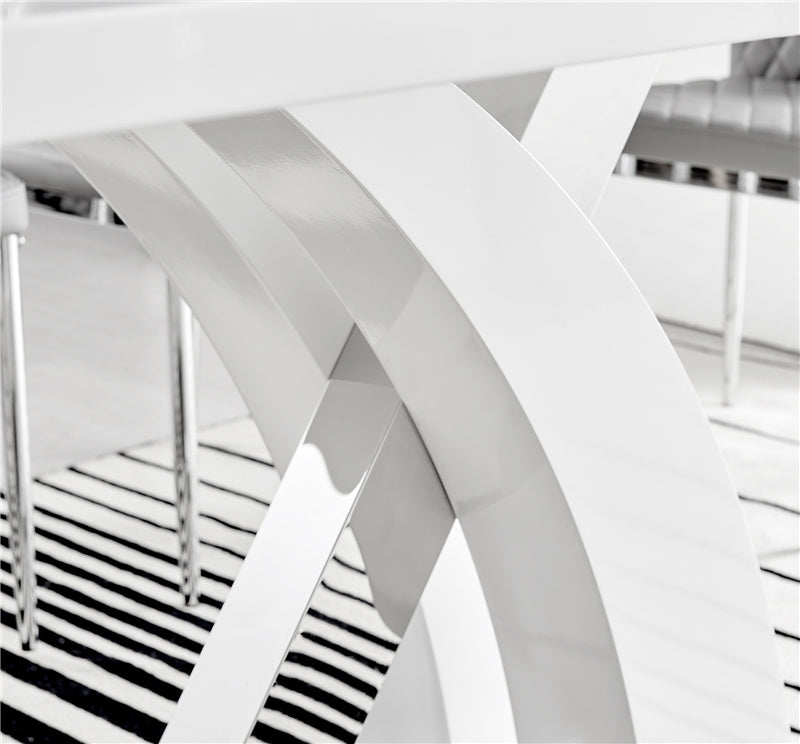 6 Seater Dining Table With Chairs - Dining Table and Chairs for 6 (Glossy Table + 6 Lorenzo Leather Chairs) White