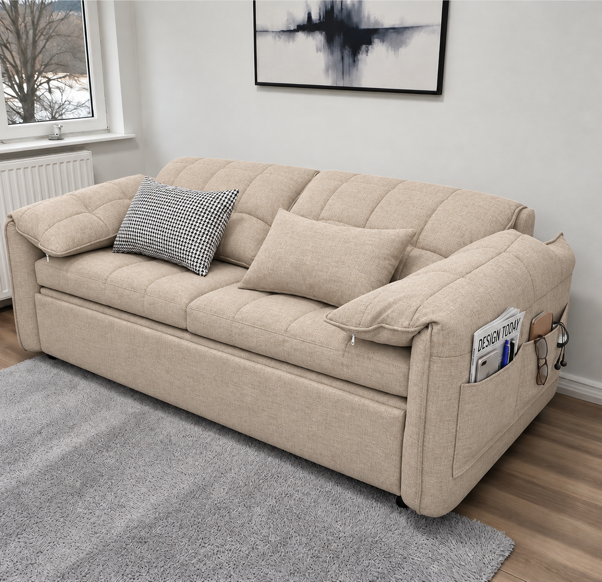 UNICORN FURNITURE Convertible Sofa Bed | Super King Pull Out Sofa Bed with Storage UK (Beige)
