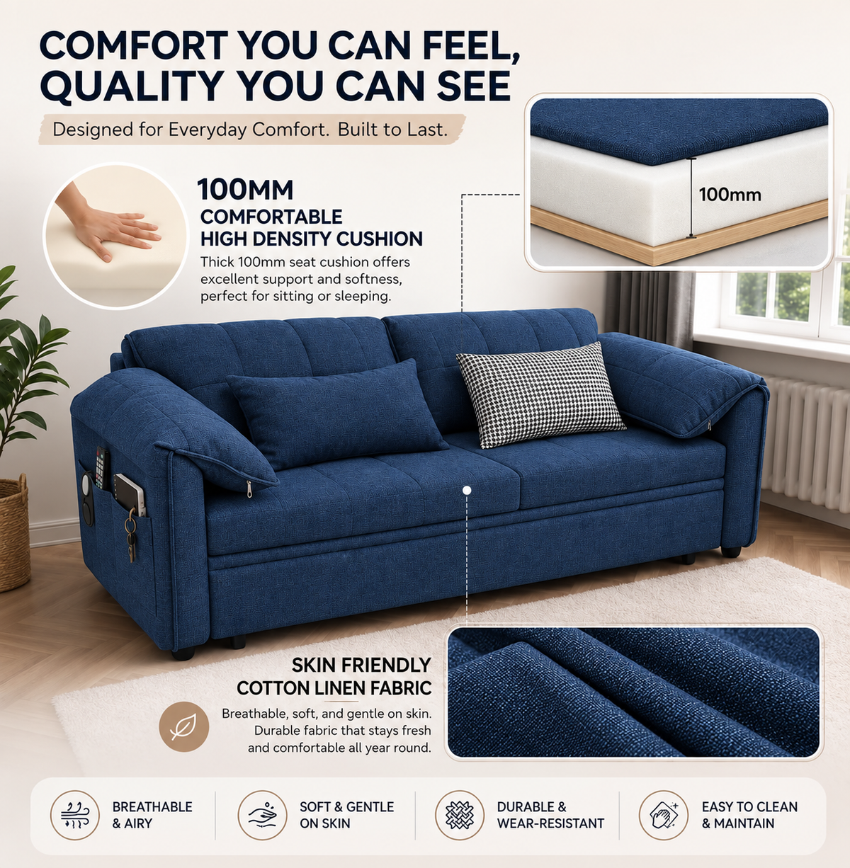 UNICORN FURNITURE Convertible Sofa Bed | Super King Pull Out Sofa Bed with Storage UK (Blue)