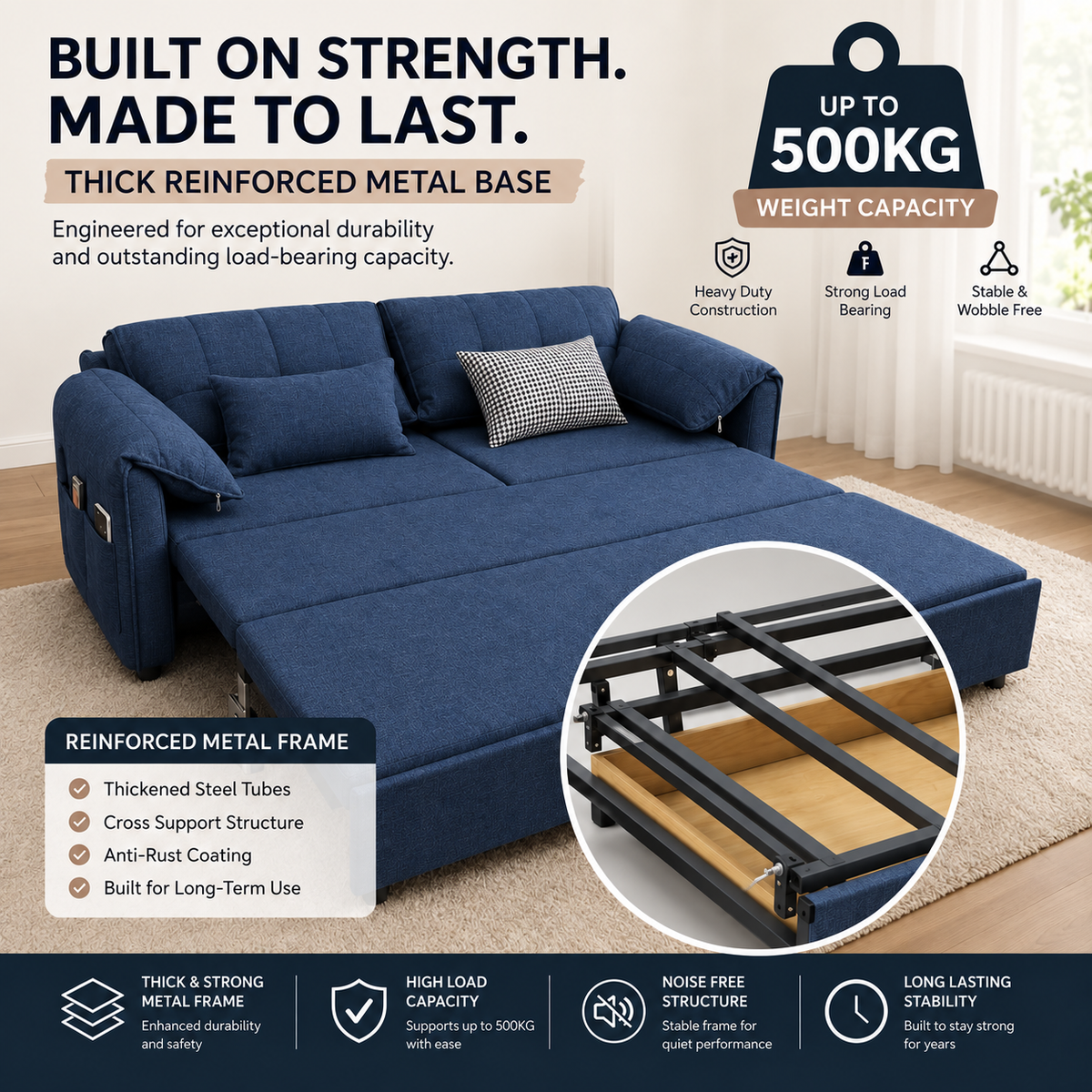 UNICORN FURNITURE Convertible Sofa Bed | Super King Pull Out Sofa Bed with Storage UK (Blue)