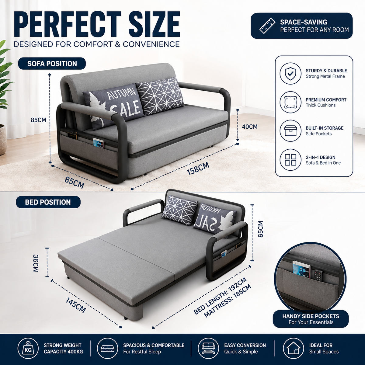 UNICORN FURNITURE Pull Out Sofa Bed with Storage – Convertible 2 Seater Sofa Bed, Reclining Sleeper Couch, Compact Space Saving Sofabed for Living Room, Guest Room & Small Spaces 158cm (Grey & Black)