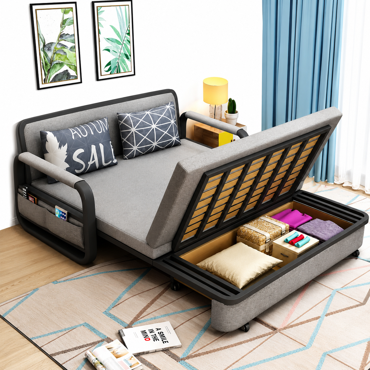 UNICORN FURNITURE Pull Out Sofa Bed with Storage – Convertible 2 Seater Sofa Bed, Reclining Sleeper Couch, Compact Space Saving Sofabed for Living Room, Guest Room & Small Spaces 158cm (Grey & Black)