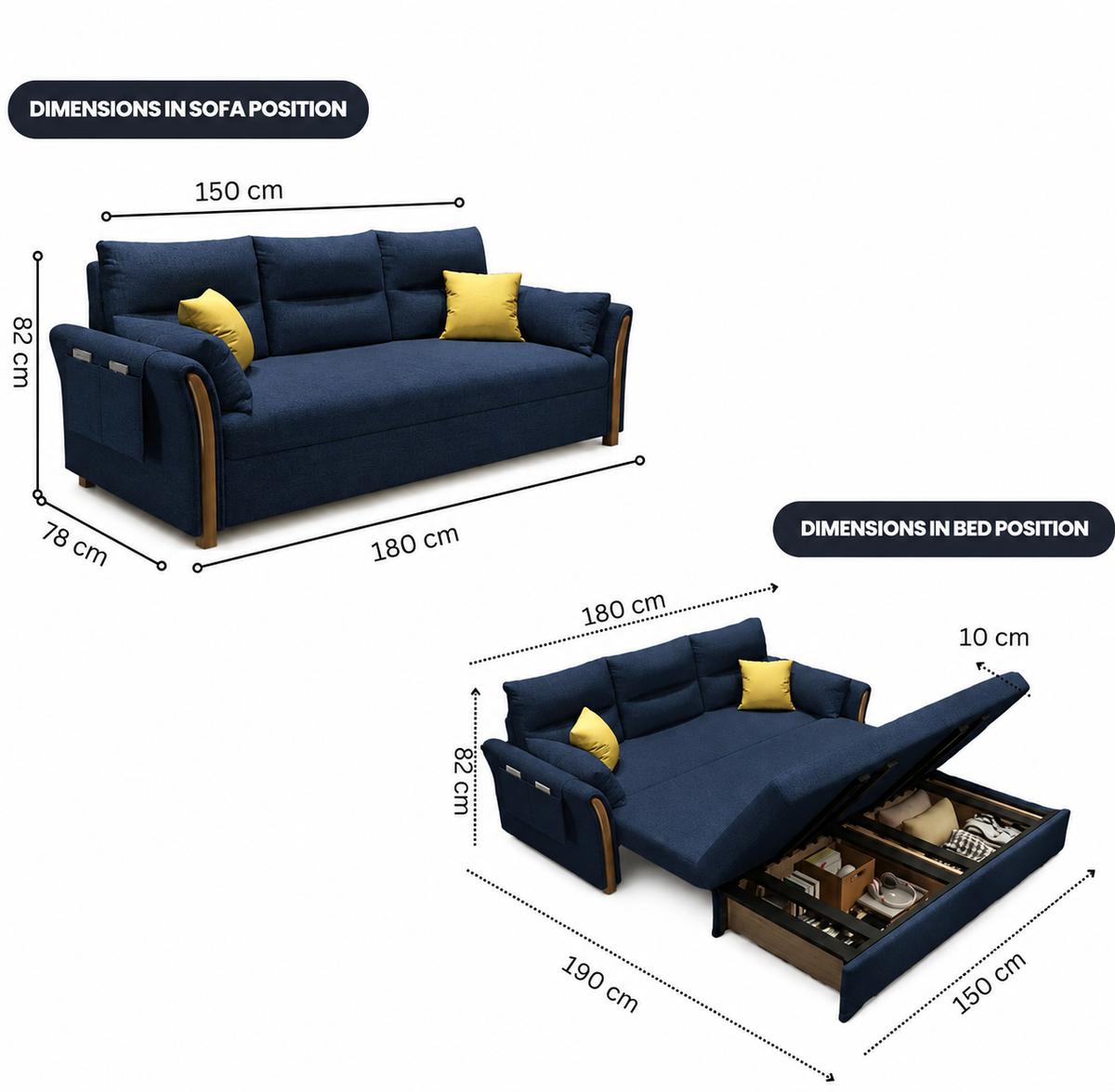 Unicorn Furniture Convertible Sofa Bed – King Size 3 Seater Pull Out Sofa Bed with Storage, Reclining Sleeper Couch, Tool-Free Assembly for Living Room & Guest Room (Blue)