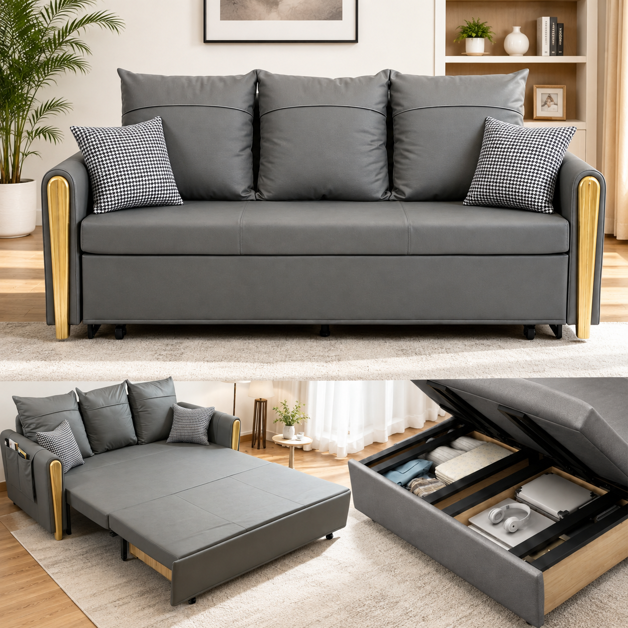 Unicorn Furniture Sofa Bed with Storage – 3 Seater Pull Out Convertible Sofa Bed, Reclining Sleeper in Breathable Leathaire
