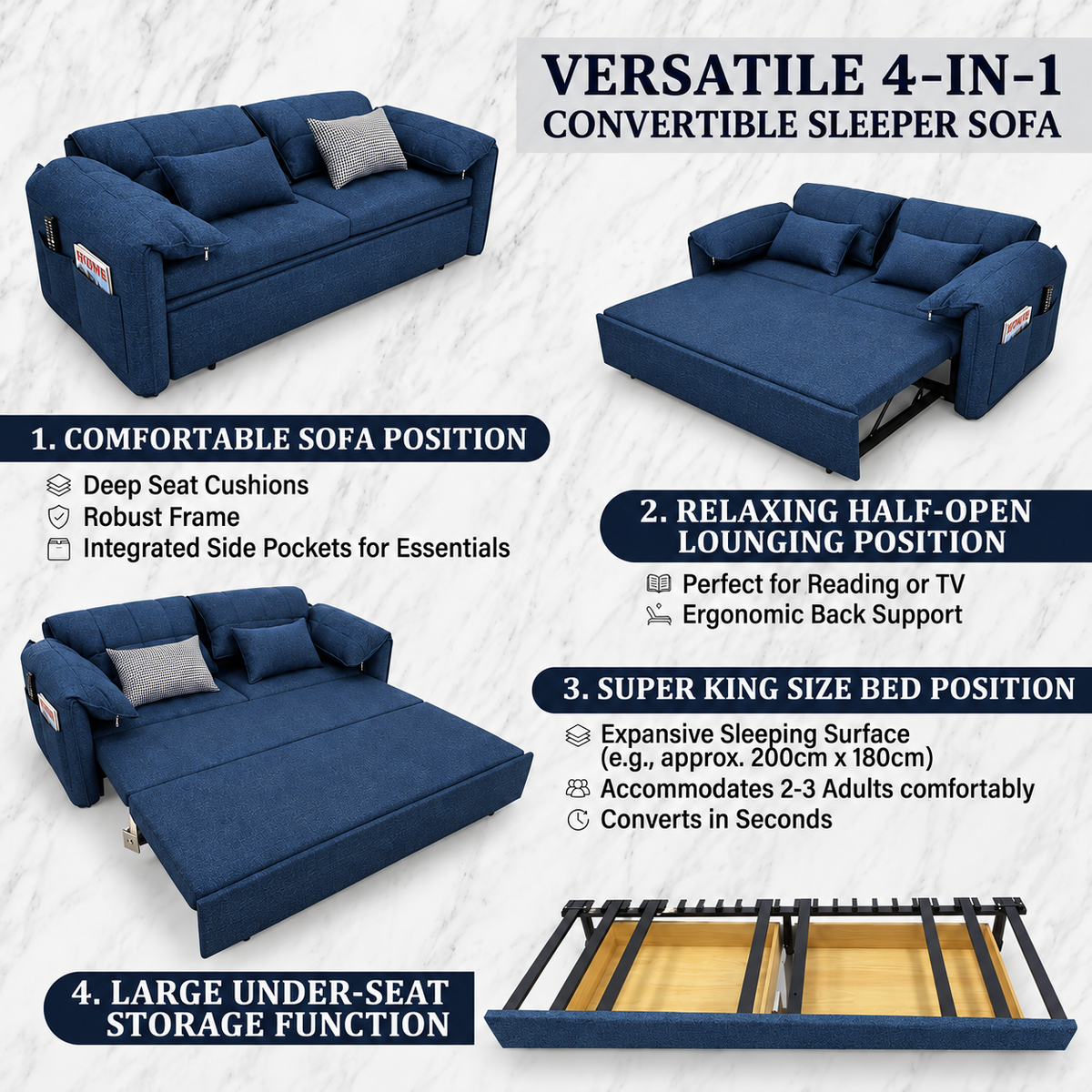 UNICORN FURNITURE Convertible Sofa Bed | Super King Pull Out Sofa Bed with Storage UK (Blue)
