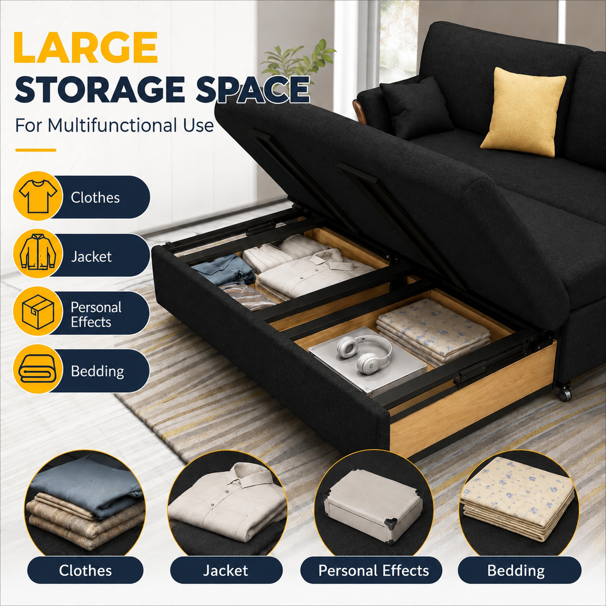 Unicorn Furniture Convertible Sofa Bed – King Size 3 Seater Pull Out Sofa Bed with Storage, Reclining Sleeper Couch, Tool-Free Assembly for Living Room & Guest Room (Black)