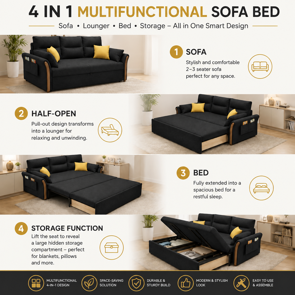 Unicorn Furniture Convertible Sofa Bed – King Size 3 Seater Pull Out Sofa Bed with Storage, Reclining Sleeper Couch, Tool-Free Assembly for Living Room & Guest Room (Black)