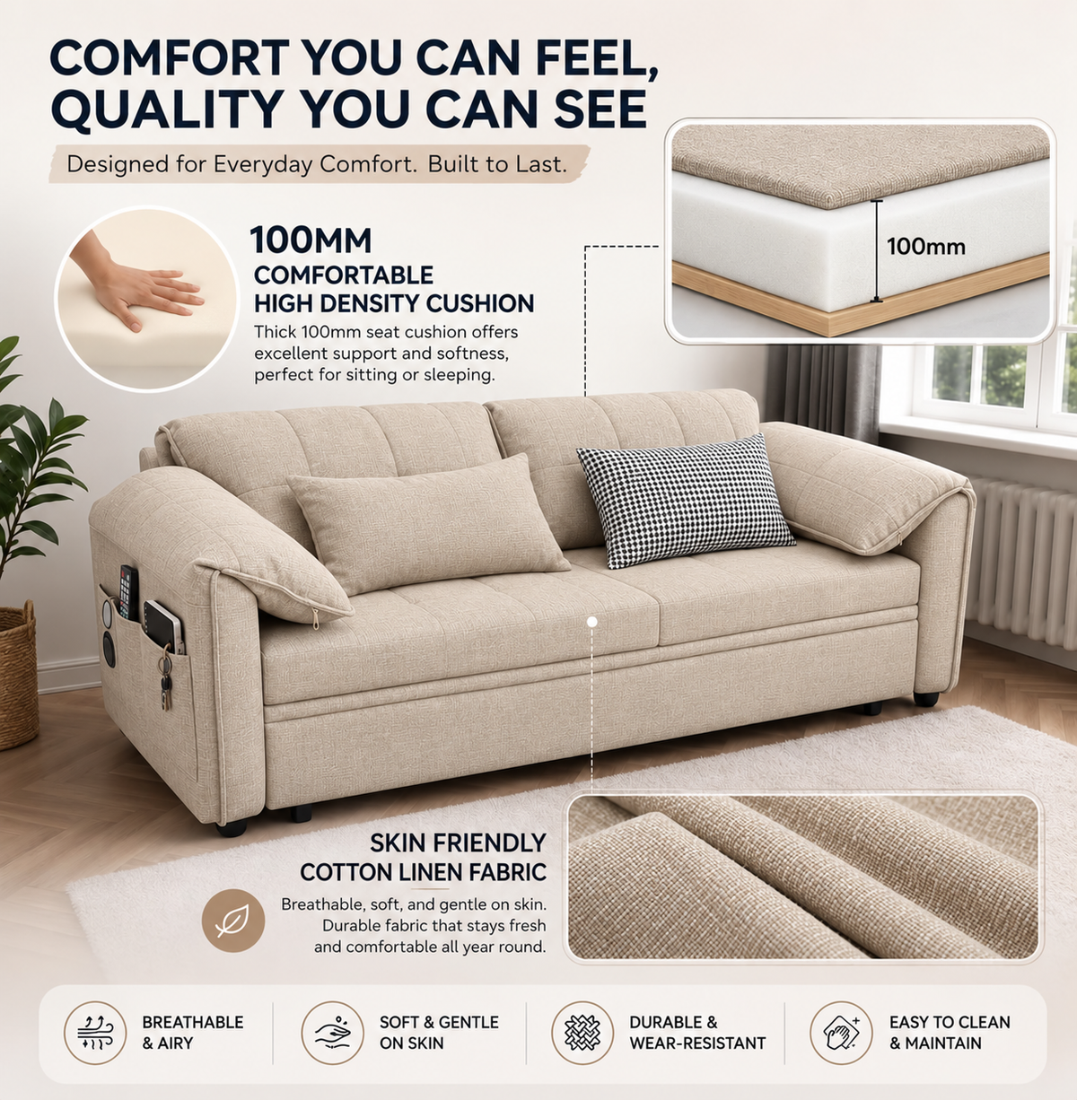 UNICORN FURNITURE Convertible Sofa Bed | Super King Pull Out Sofa Bed with Storage UK (Beige)
