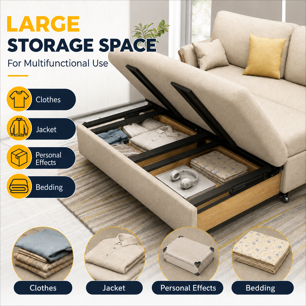 Unicorn Furniture Convertible Sofa Bed – King Size 3 Seater Pull Out Sofa Bed with Storage, Reclining Sleeper Couch, Tool-Free Assembly for Living Room & Guest Room (Beige)