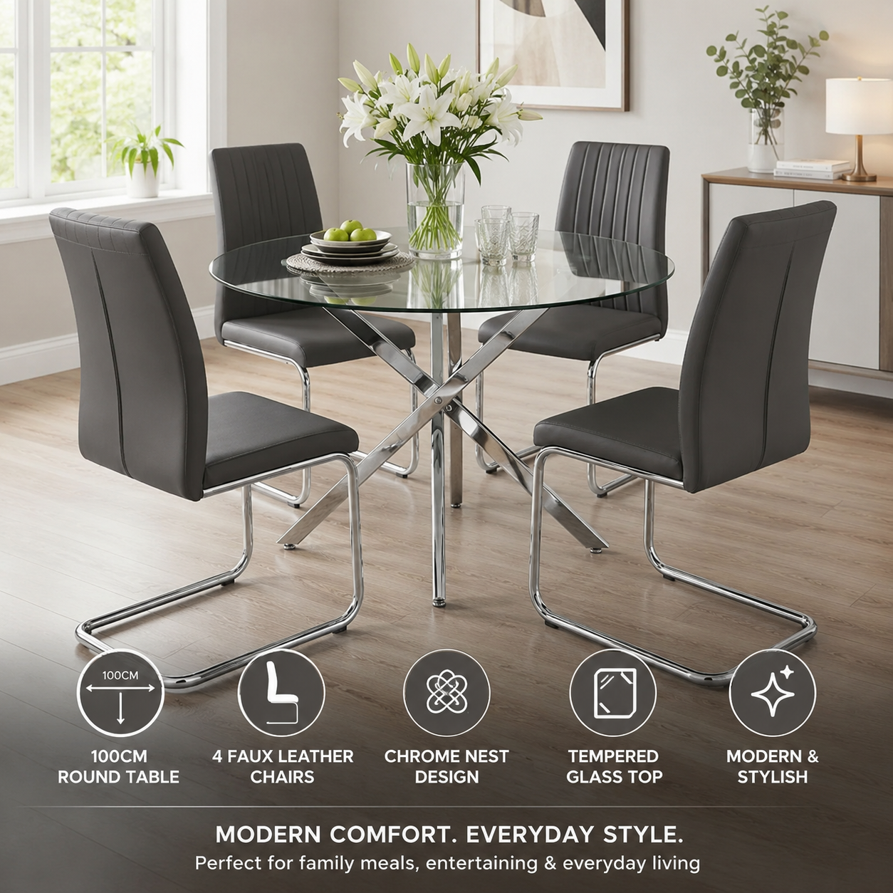 UNICORN FURNITURE 100cm Round Glass Dining Table Set with 4 Faux Leather Chairs – Chrome 4 Seater Dining Set